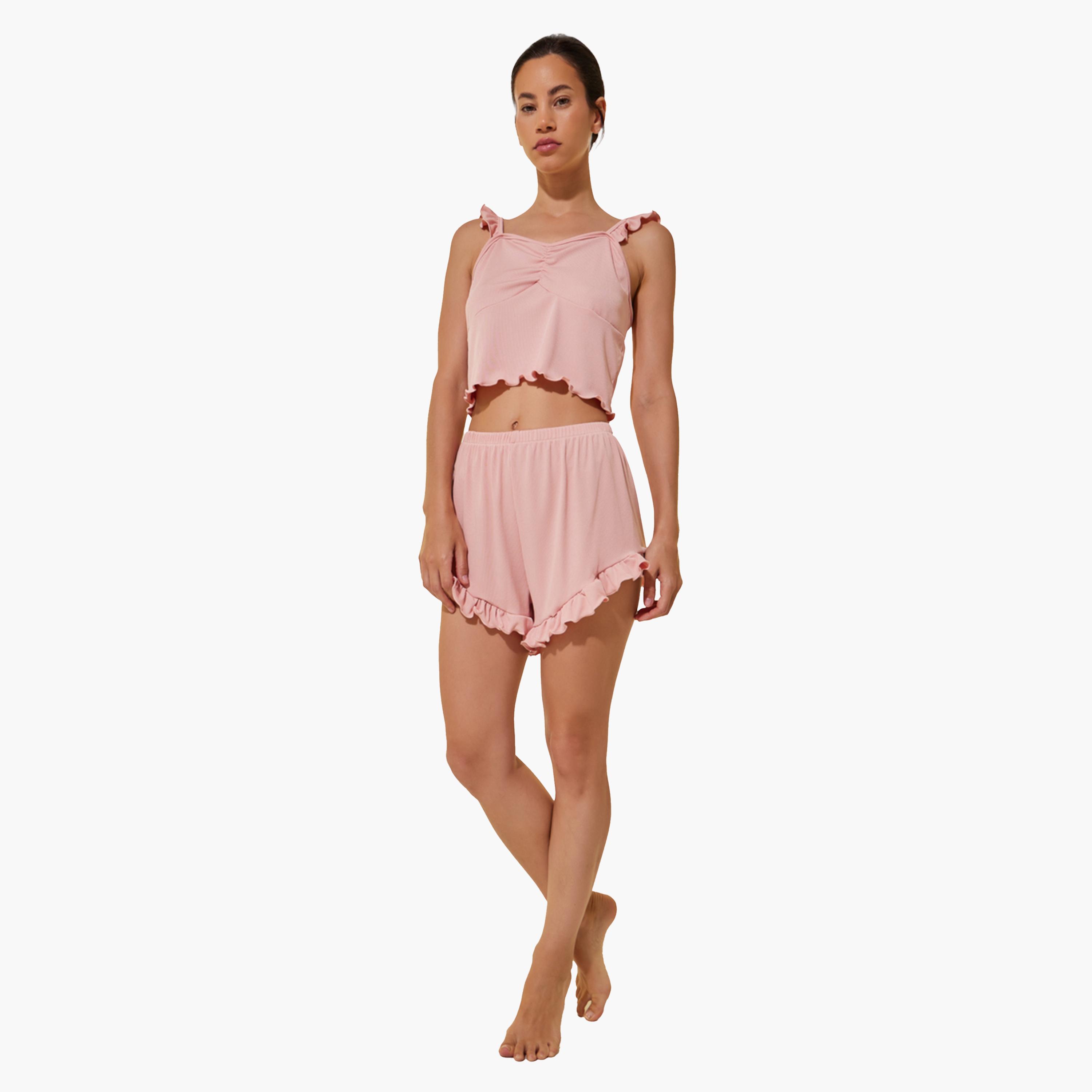 Take Two Ribbed Ruffle Trim Cropped Cami Top and Shorts Set-women-clothing-nightwear-pyjamas-shortsets-image-1