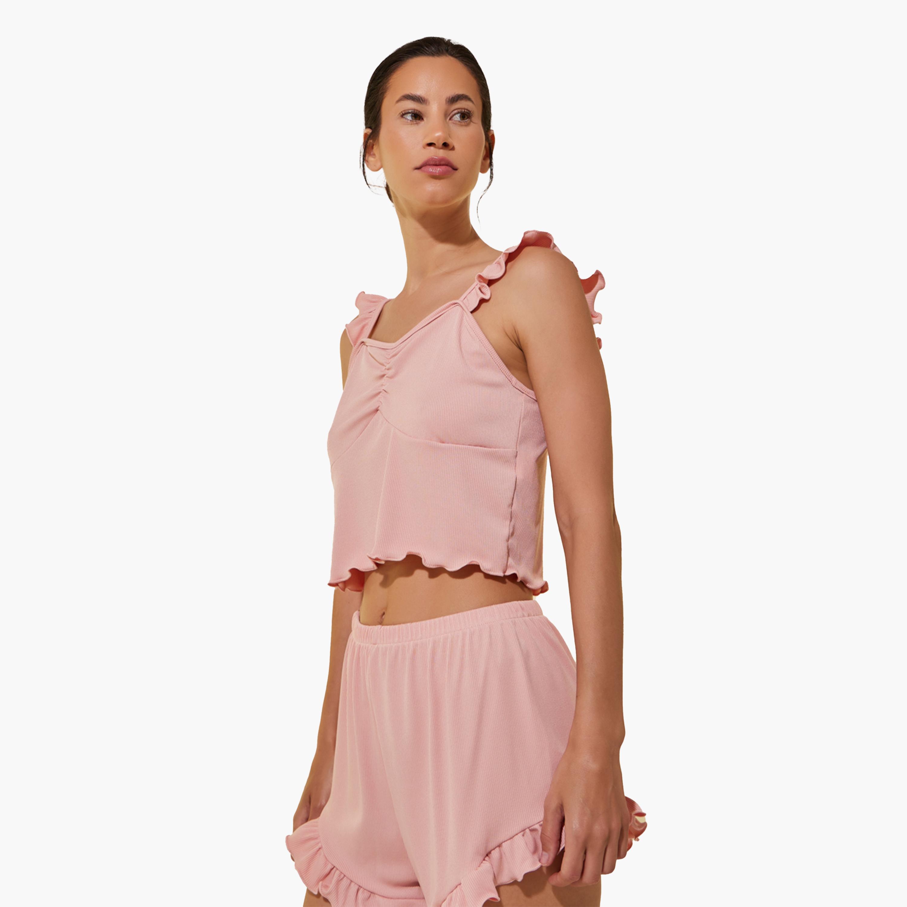 Take Two Ribbed Ruffle Trim Cropped Cami Top and Shorts Set-women-clothing-nightwear-pyjamas-shortsets-image-2