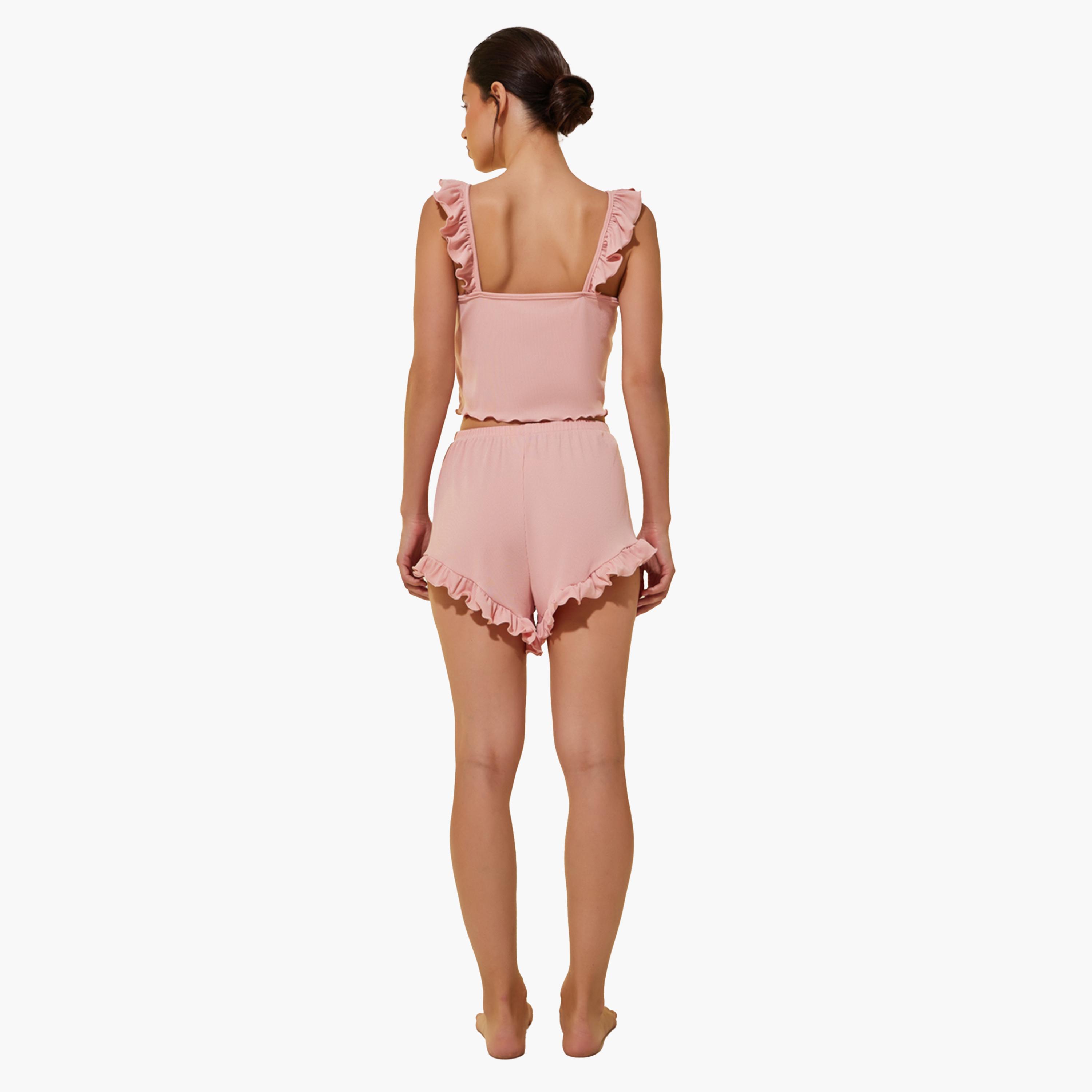 Take Two Ribbed Ruffle Trim Cropped Cami Top and Shorts Set-women-clothing-nightwear-pyjamas-shortsets-image-5