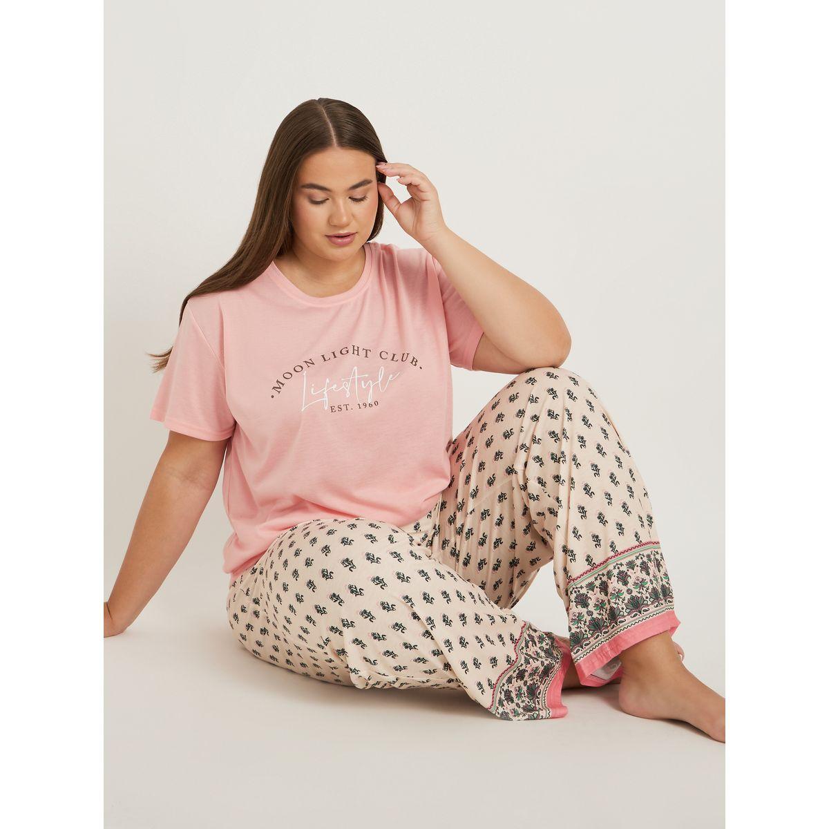 Styli Slogan Print Dropped Shoulder T-Shirt and All-Over Print Pyjama Set-women-clothing-nightwear-pyjamas-longsets-image-1