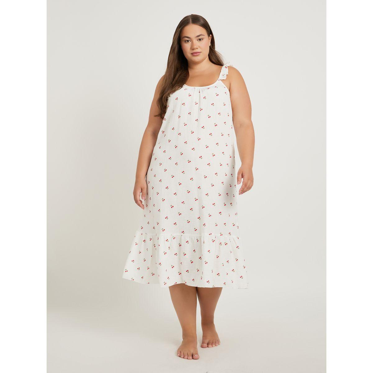 Styli Plus Size Cherry Print Cotton Gauze Ruffle Trim Slip Dress-women-clothing-nightwear-nighties-image-1