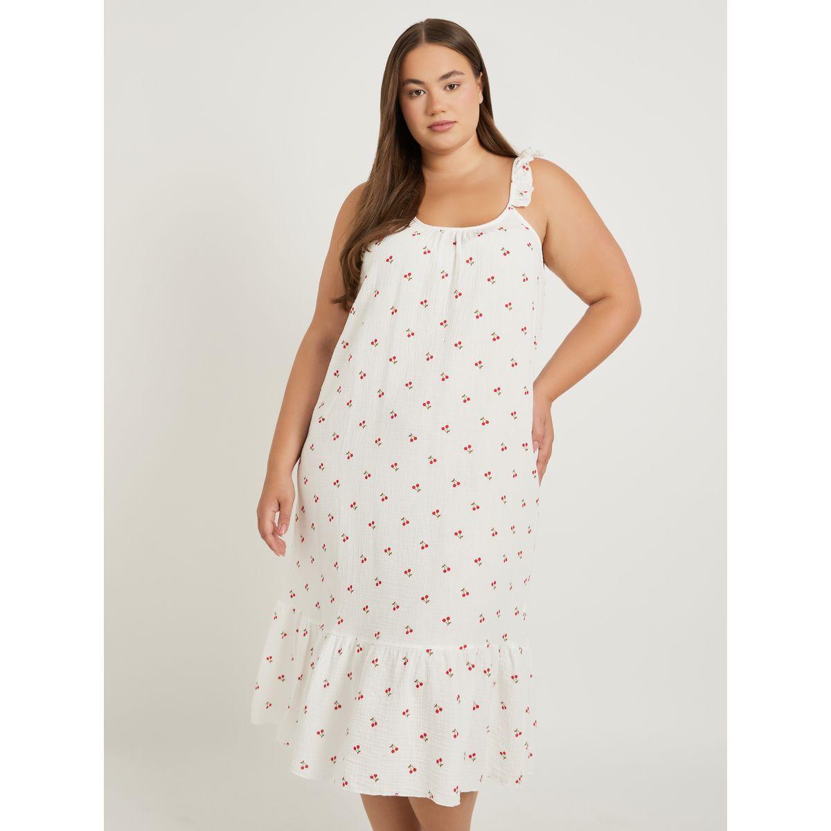 Styli Plus Size Cherry Print Cotton Gauze Ruffle Trim Slip Dress-women-clothing-nightwear-nighties-image-2