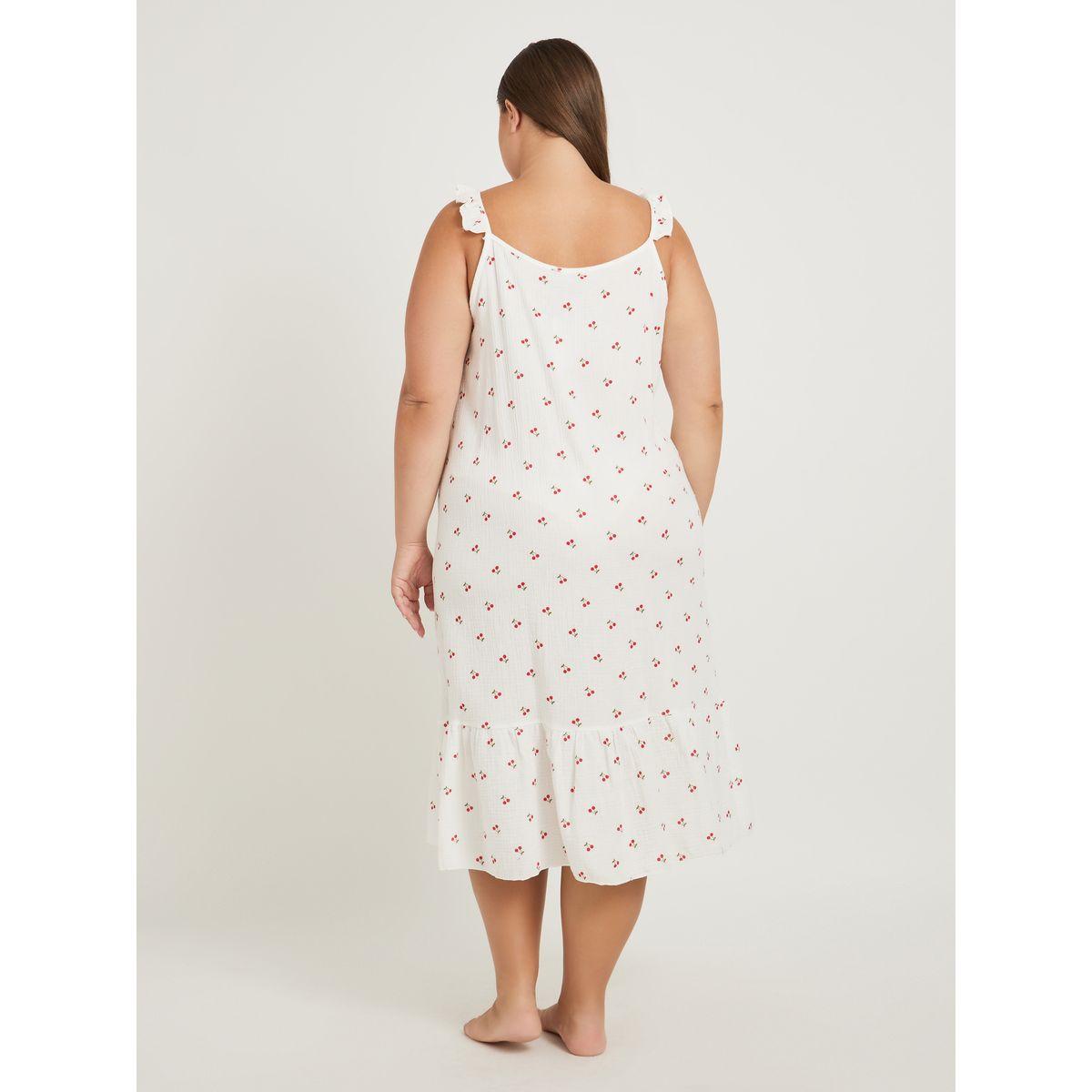 Styli Plus Size Cherry Print Cotton Gauze Ruffle Trim Slip Dress-women-clothing-nightwear-nighties-image-4