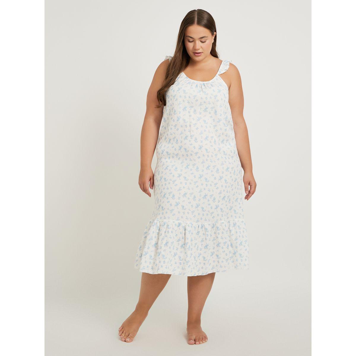 Styli Plus Size Floral Print Cotton Gauze Ruffle Trim Slip Dress-women-clothing-nightwear-nighties-image-1