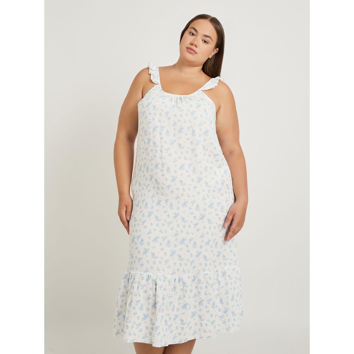 Styli Plus Size Floral Print Cotton Gauze Ruffle Trim Slip Dress-women-clothing-nightwear-nighties-image-2