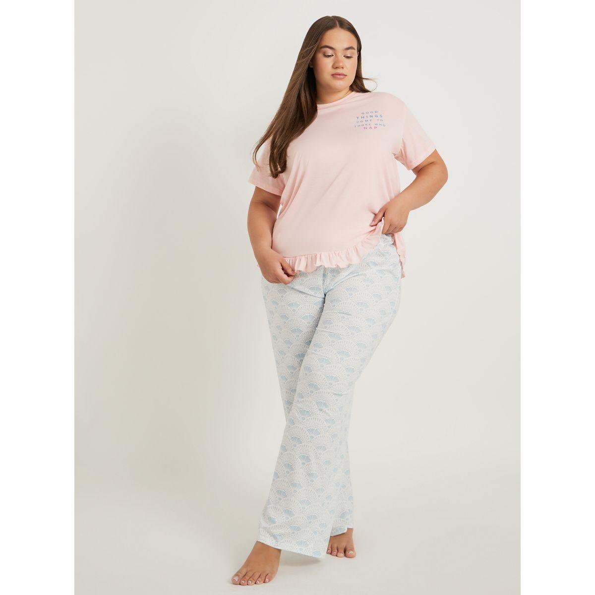 Styli Plus Size Slogan Print Ruffle Hem T-Shirt and Pyjama Set-women-clothing-nightwear-pyjamas-longsets-image-1