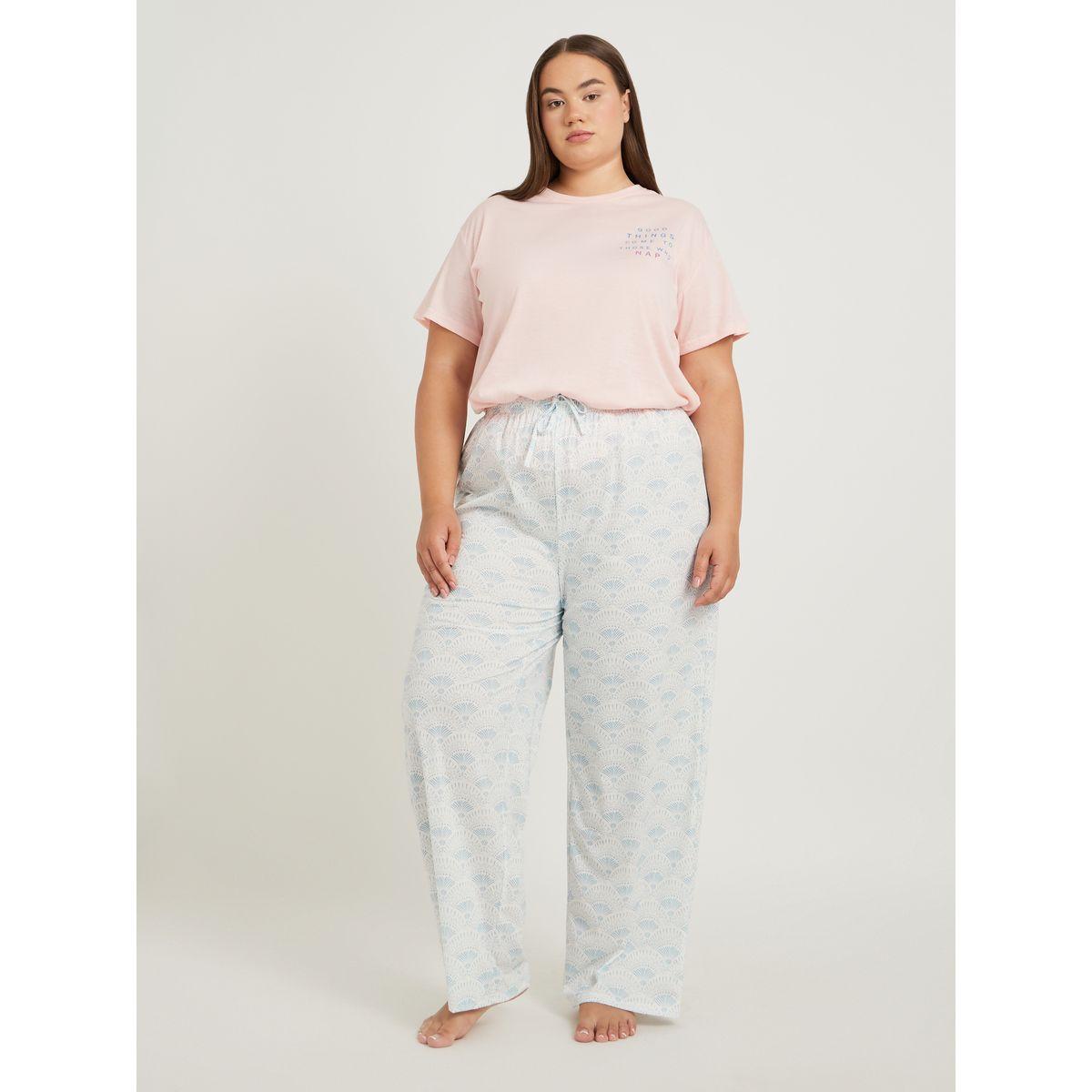 Styli Plus Size Slogan Print Ruffle Hem T-Shirt and Pyjama Set-women-clothing-nightwear-pyjamas-longsets-image-2