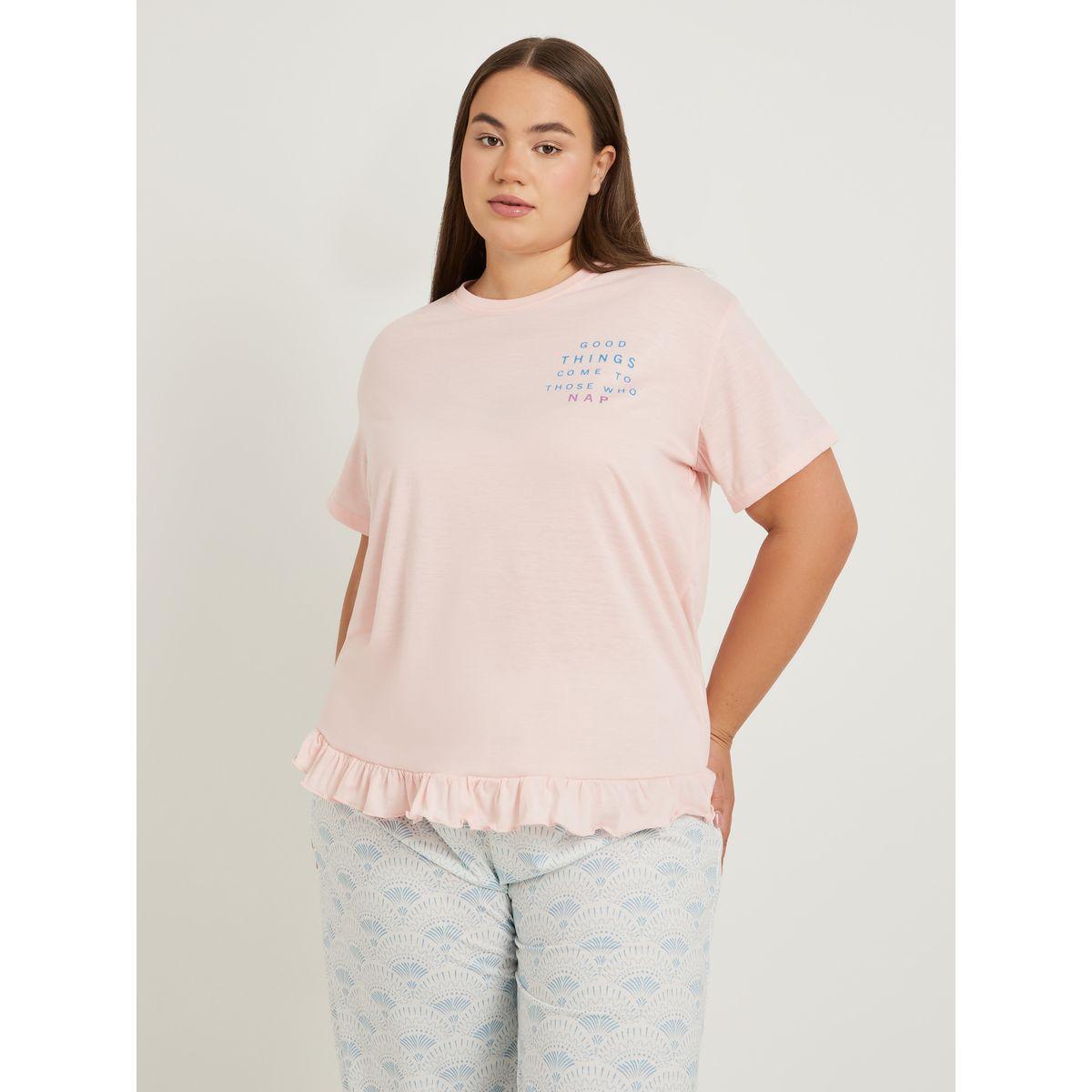 Styli Plus Size Slogan Print Ruffle Hem T-Shirt and Pyjama Set-women-clothing-nightwear-pyjamas-longsets-image-3