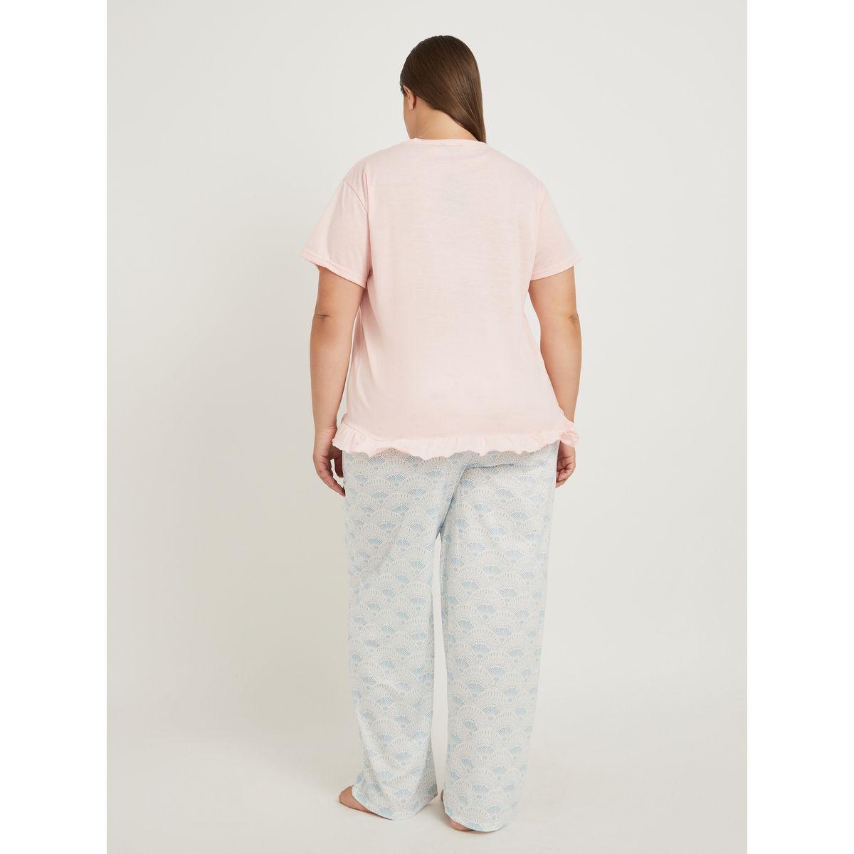 Styli Plus Size Slogan Print Ruffle Hem T-Shirt and Pyjama Set-women-clothing-nightwear-pyjamas-longsets-image-4