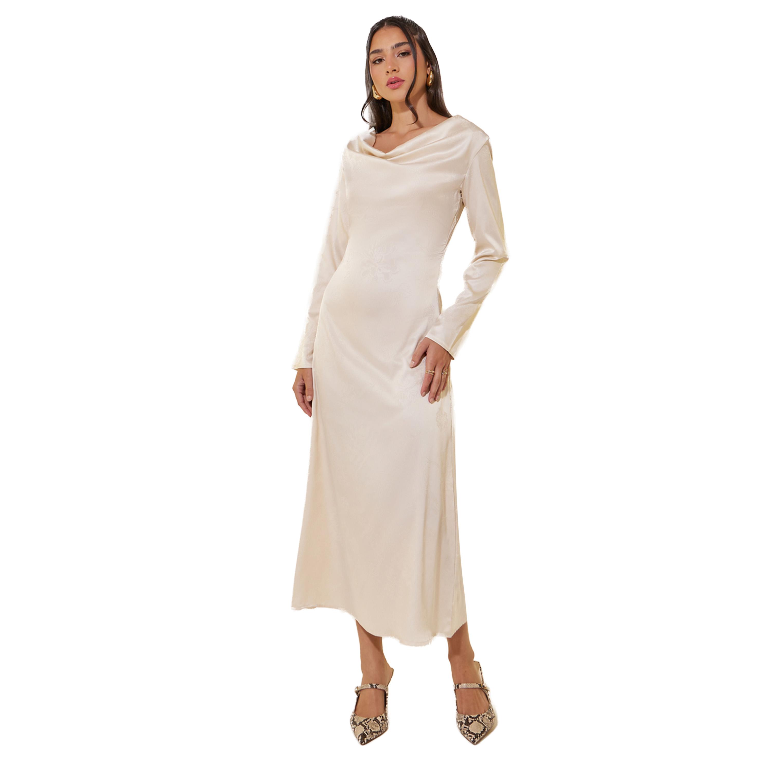 فستان ميدي جاكار بياقة منسدلة وحافة واسعة-women-clothing-dresses-image-1