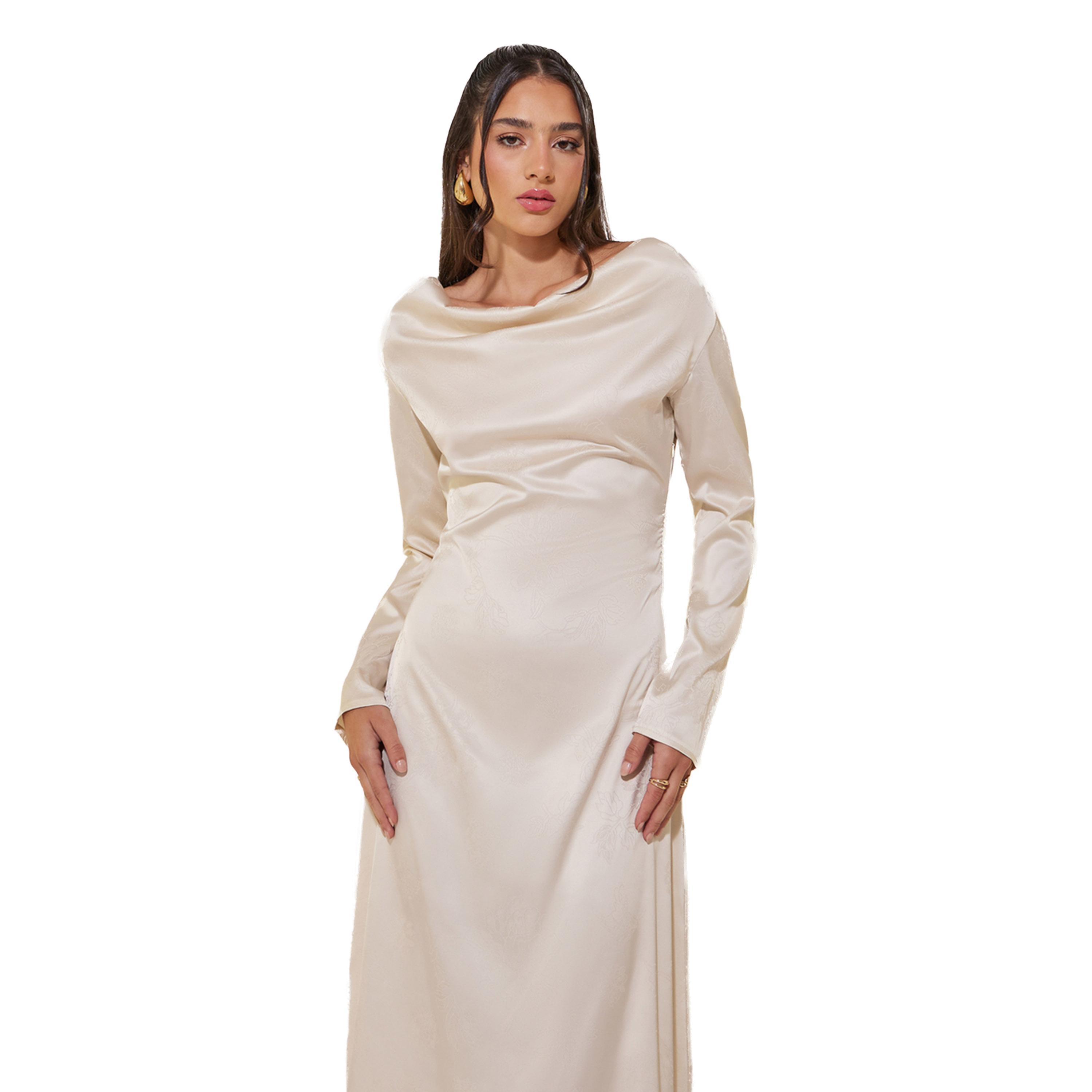 فستان ميدي جاكار بياقة منسدلة وحافة واسعة-women-clothing-dresses-image-3