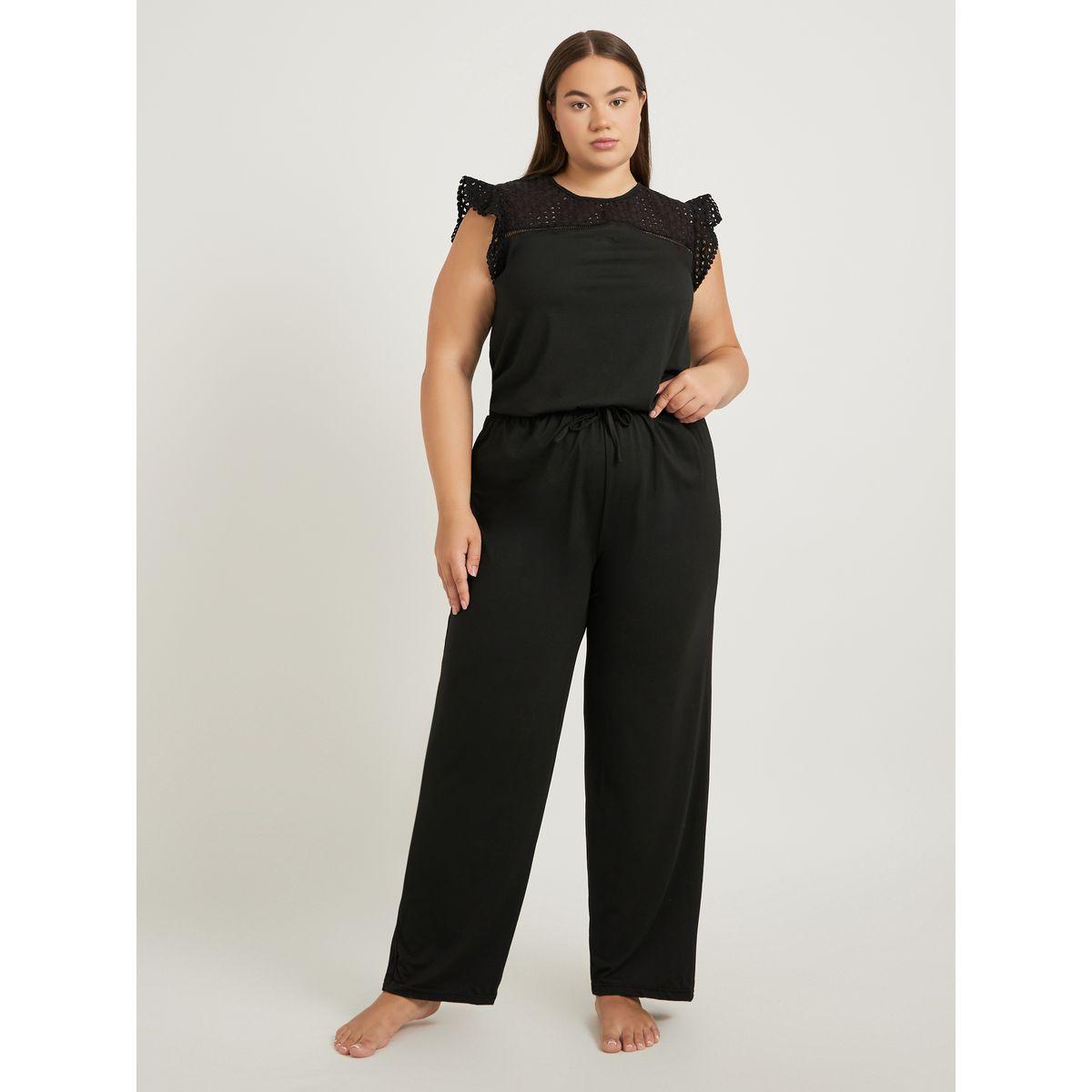 طقم بيجاما بمقاس كبير من بنطال وبلوزة مزينة بكرات بوم بوم-women-clothing-nightwear-pyjamas-longsets-image-2