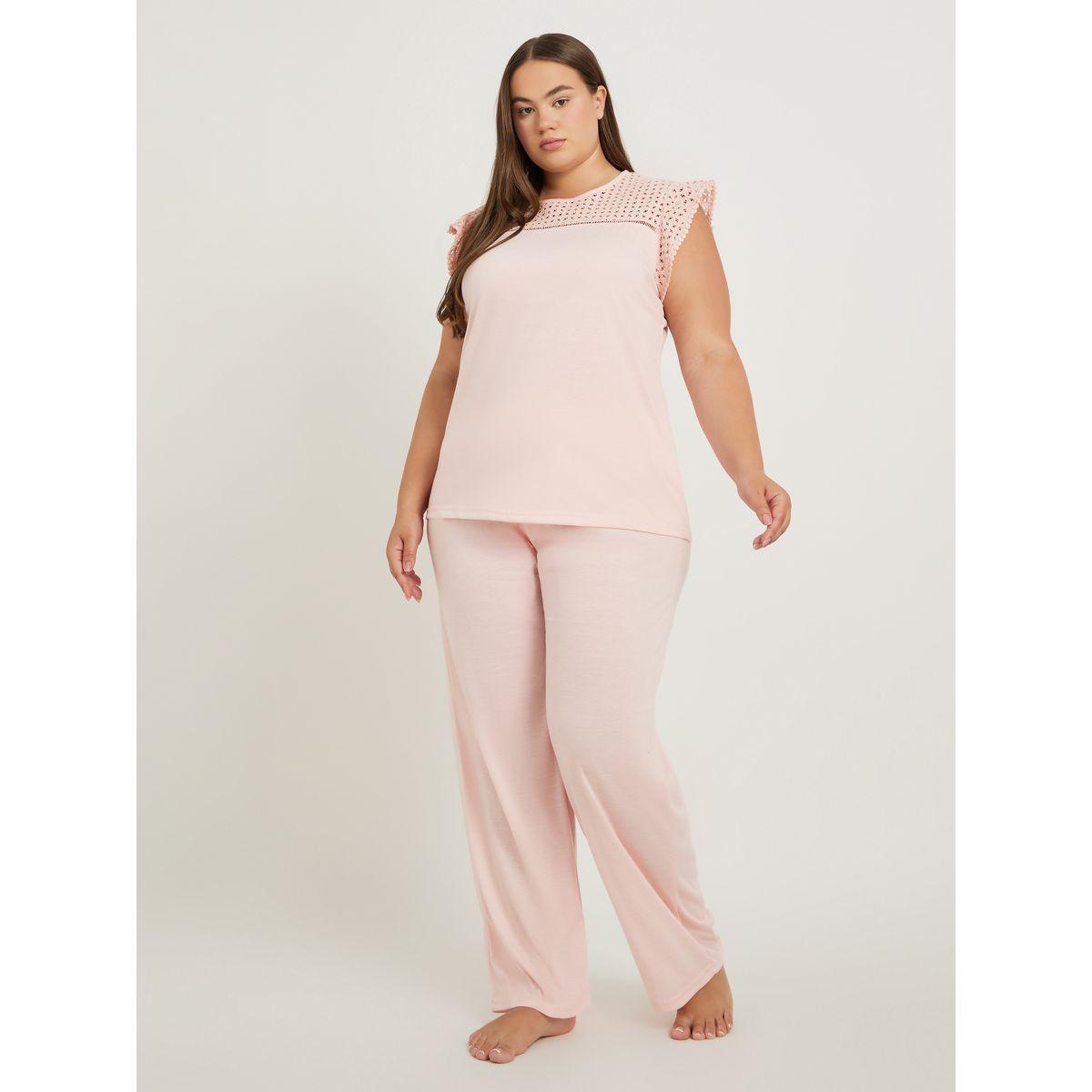 Styli Plus Size Schiffli Yoke Flat Pompom Detail Top and Pyjama Set-women-clothing-nightwear-pyjamas-longsets-image-1