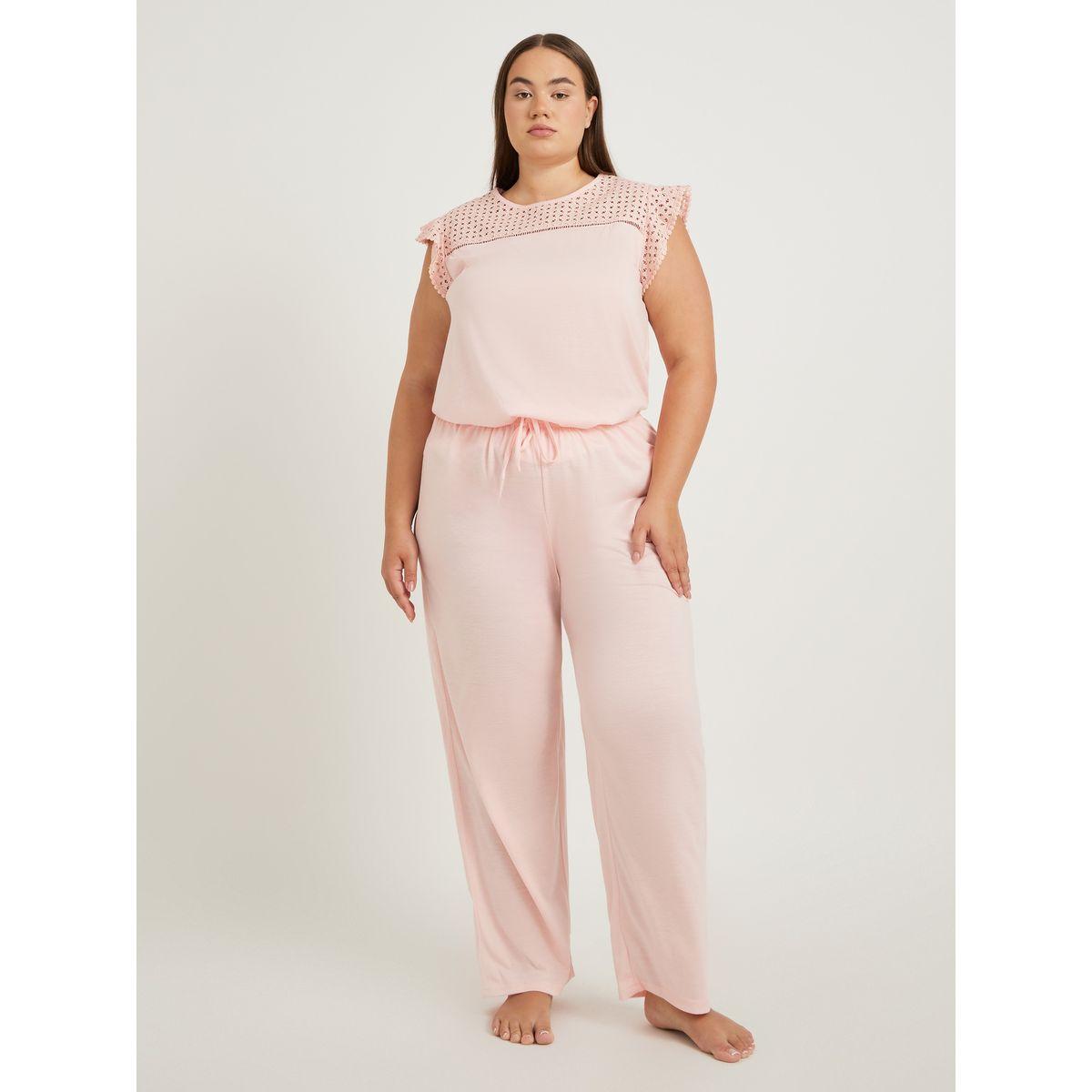 Styli Plus Size Schiffli Yoke Flat Pompom Detail Top and Pyjama Set-women-clothing-nightwear-pyjamas-longsets-image-2