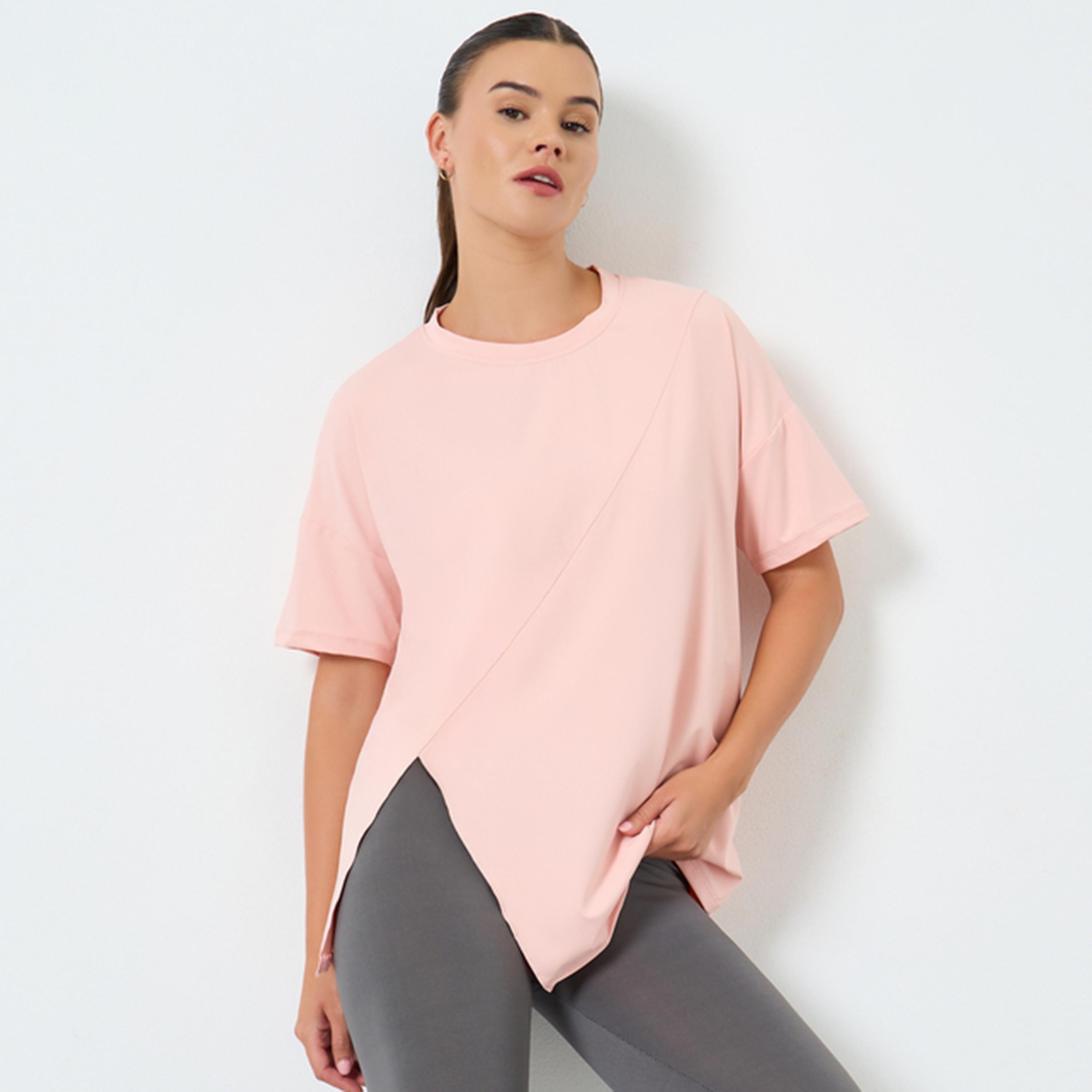 Styli Plain Side Slit Short Sleeve Top-women-clothing-tshirts-image-1
