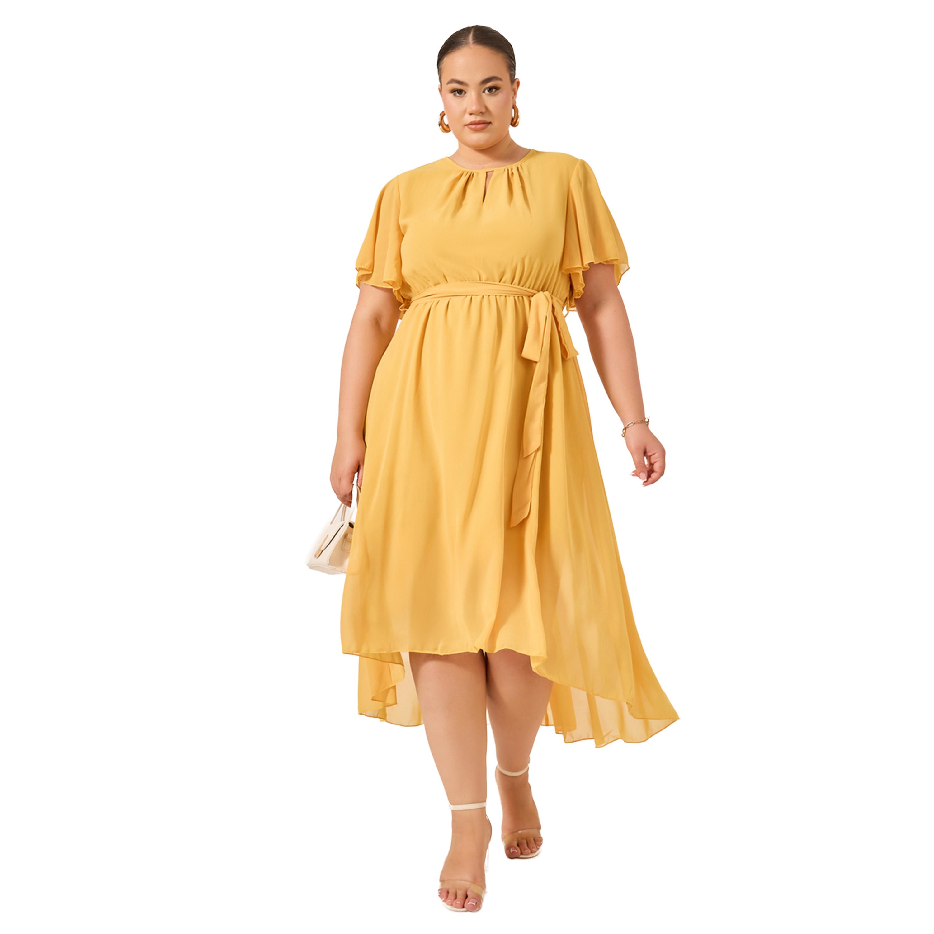 Styli Plus Size Plain Belted High-Low A-Line Maxi Dress-women-clothing-dresses-image-1