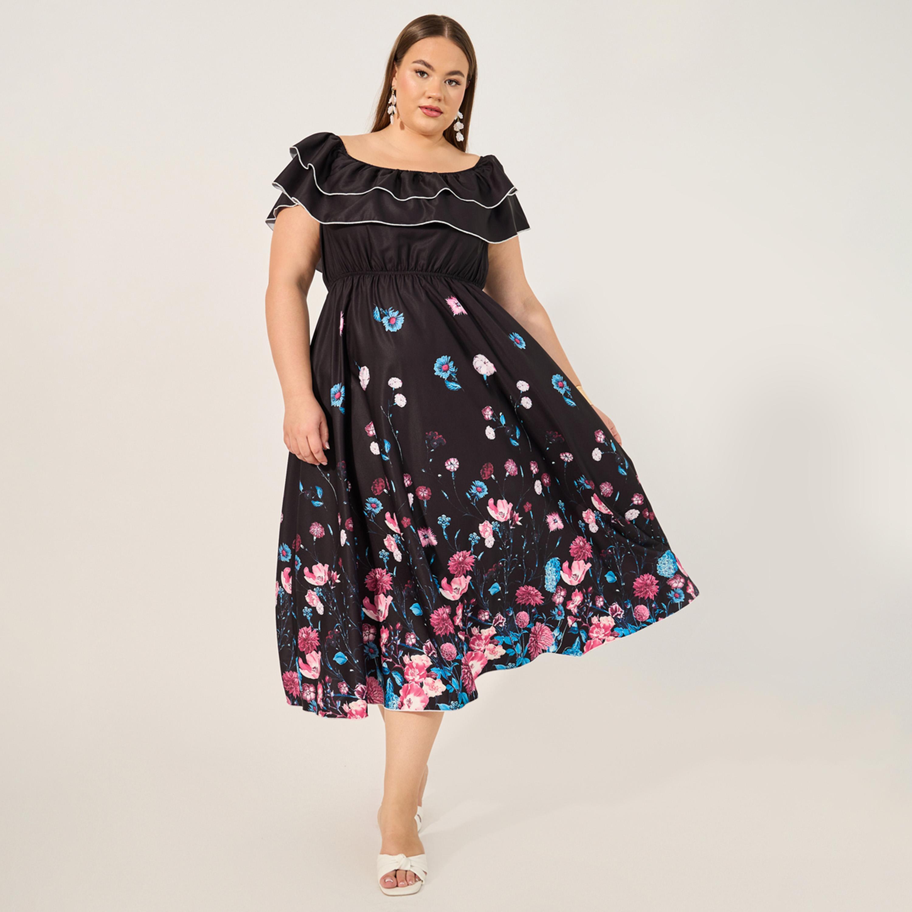 ستايلي - فستان ميدي بمقاس كبير بطبعة زهور وأكتاف مكشوفة-women-clothing-dresses-image-1