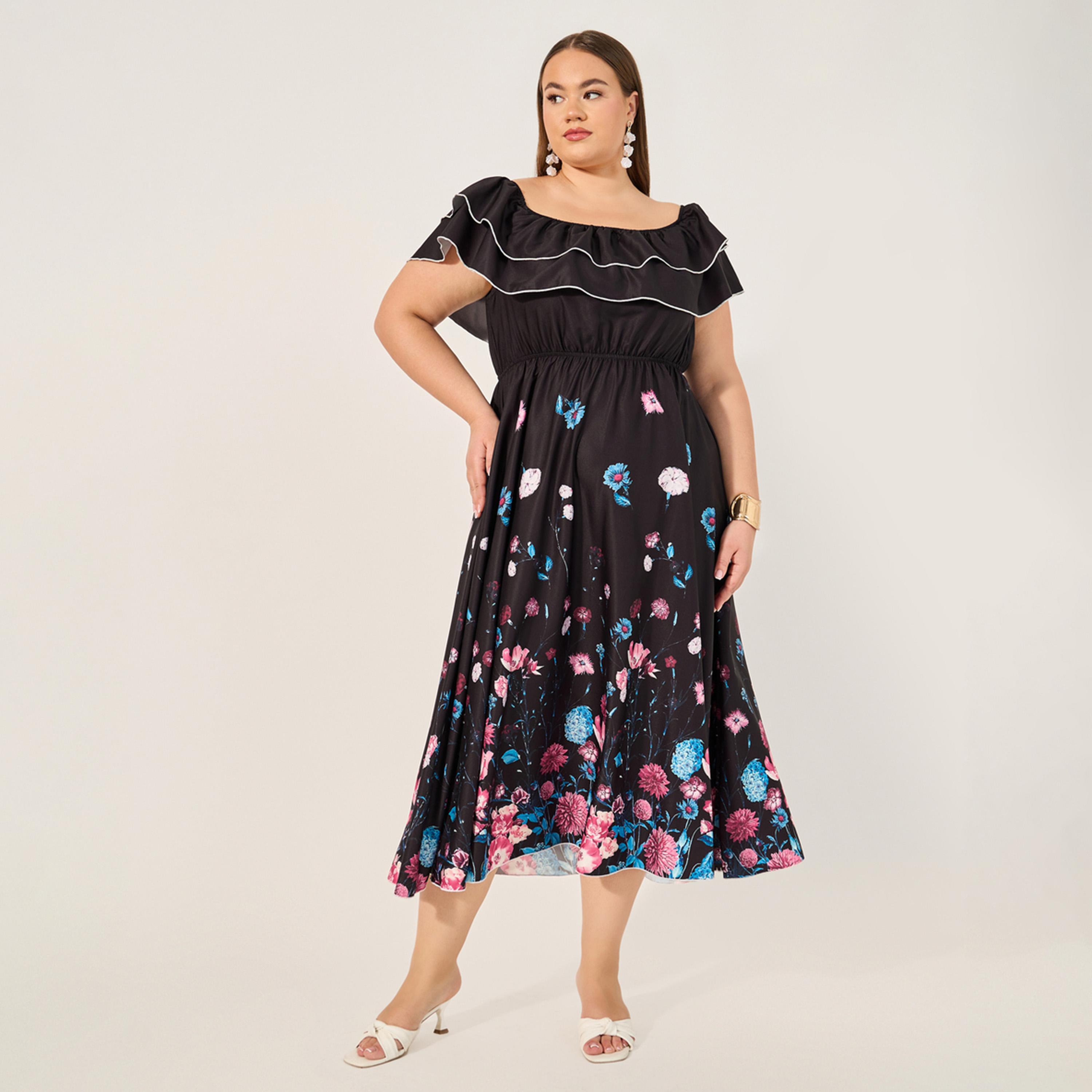 ستايلي - فستان ميدي بمقاس كبير بطبعة زهور وأكتاف مكشوفة-women-clothing-dresses-image-2