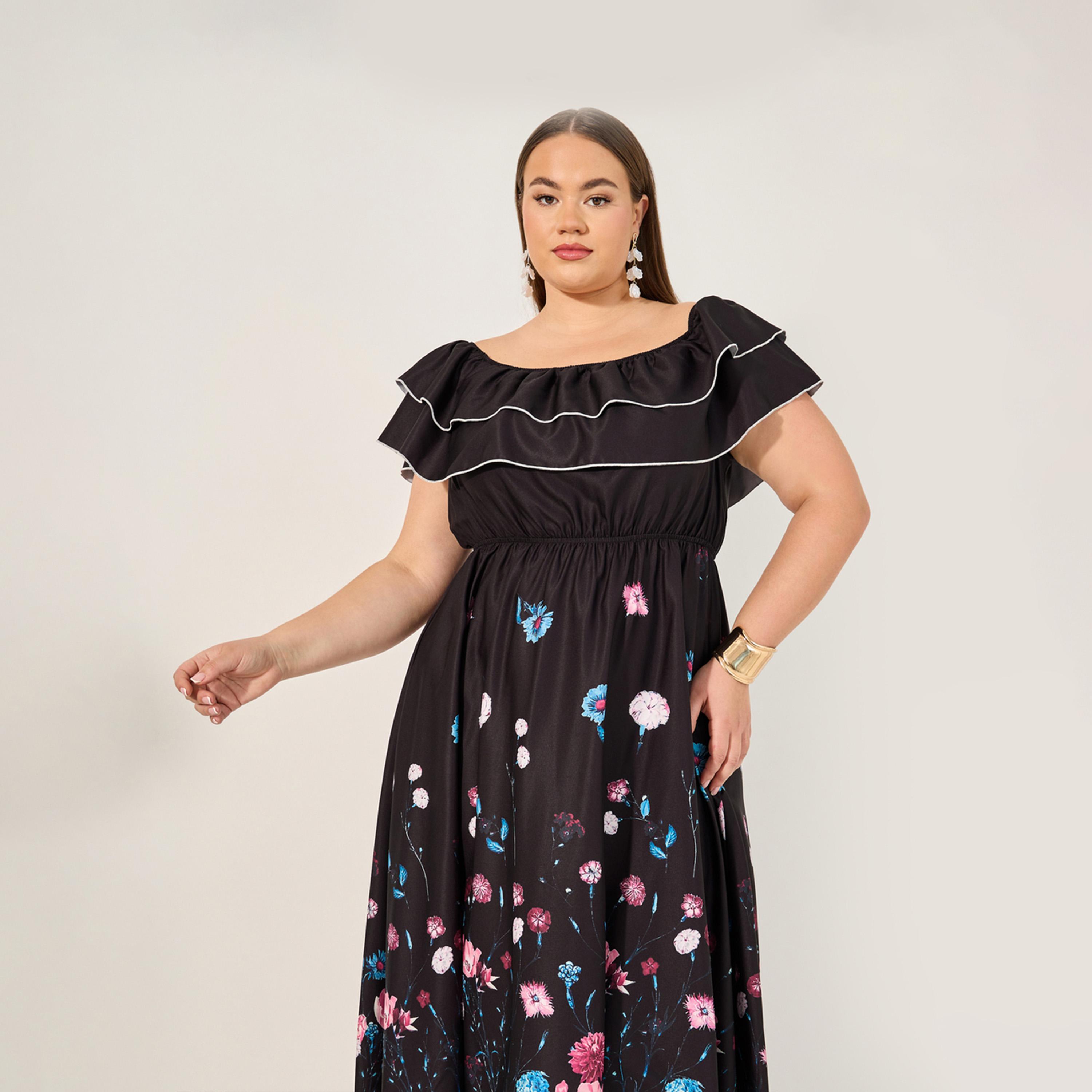 ستايلي - فستان ميدي بمقاس كبير بطبعة زهور وأكتاف مكشوفة-women-clothing-dresses-image-3