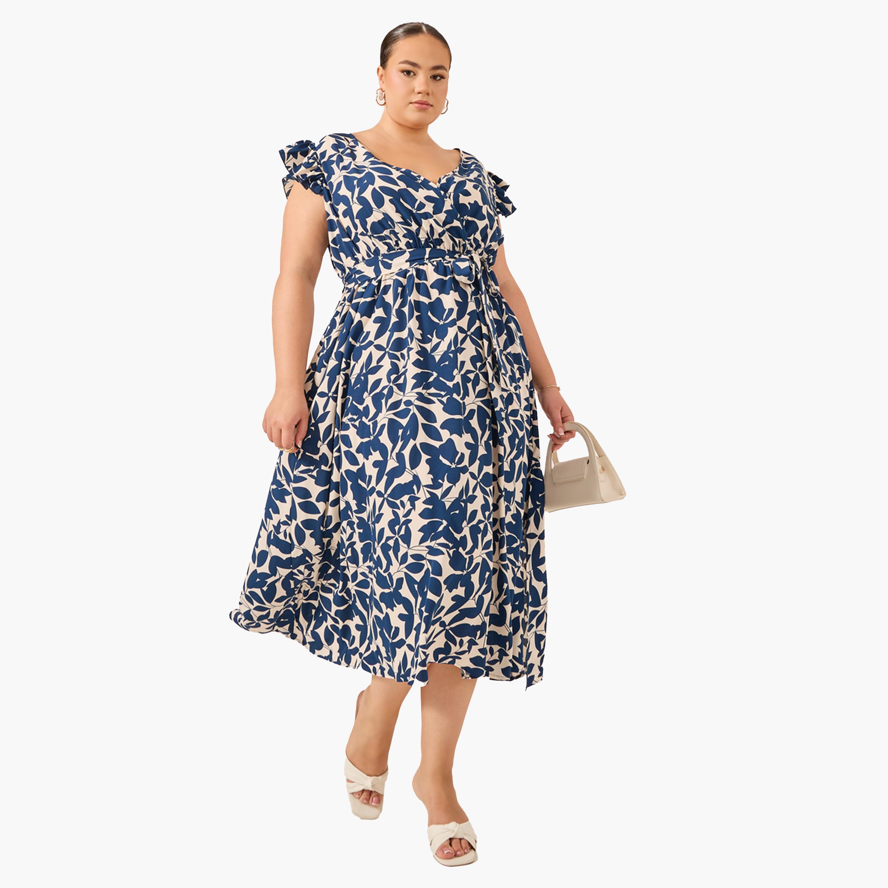 ستايلي - فستان ميدي بأكمام مكشكشة ومطبوع بمقاس كبير-women-clothing-dresses-image-1