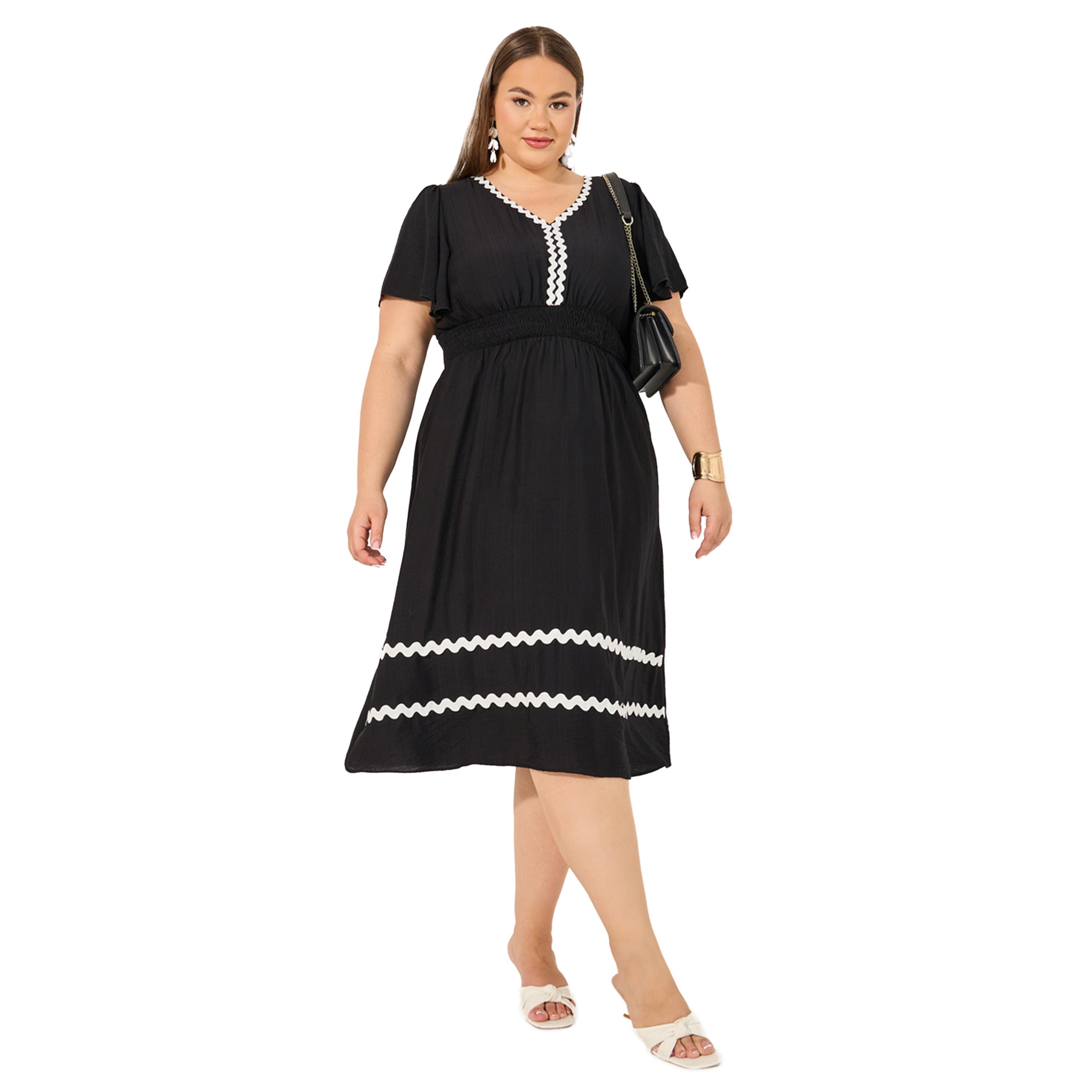 ستايلي - فستان ميدي بقصة A وتفاصيل دانتيل وفتحة رقبة V بمقاس كبير-women-clothing-dresses-image-1