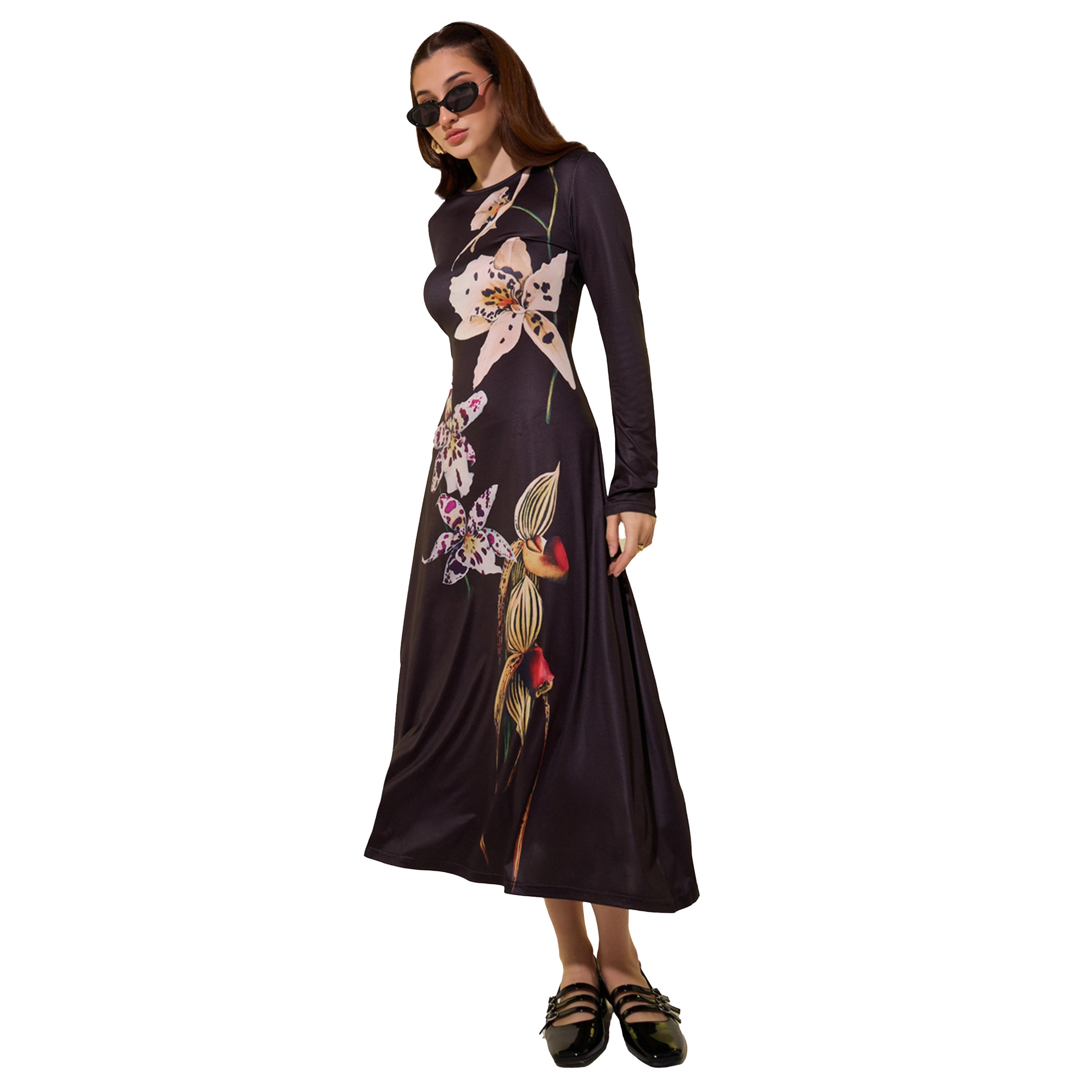 Take Two Black Floral Print Long Sleeve A-Line Midi Dress-women-clothing-dresses-image-2