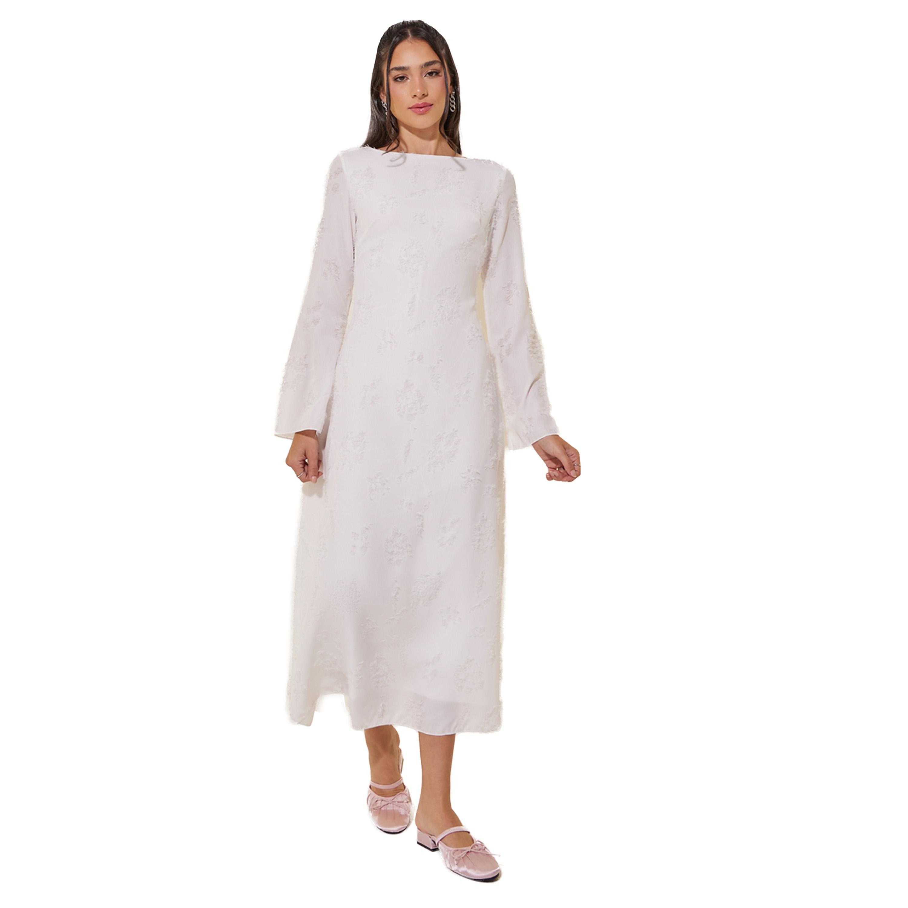 فستان ميدي بحافة واسعة وياقة بنمط قارب-women-clothing-dresses-image-1