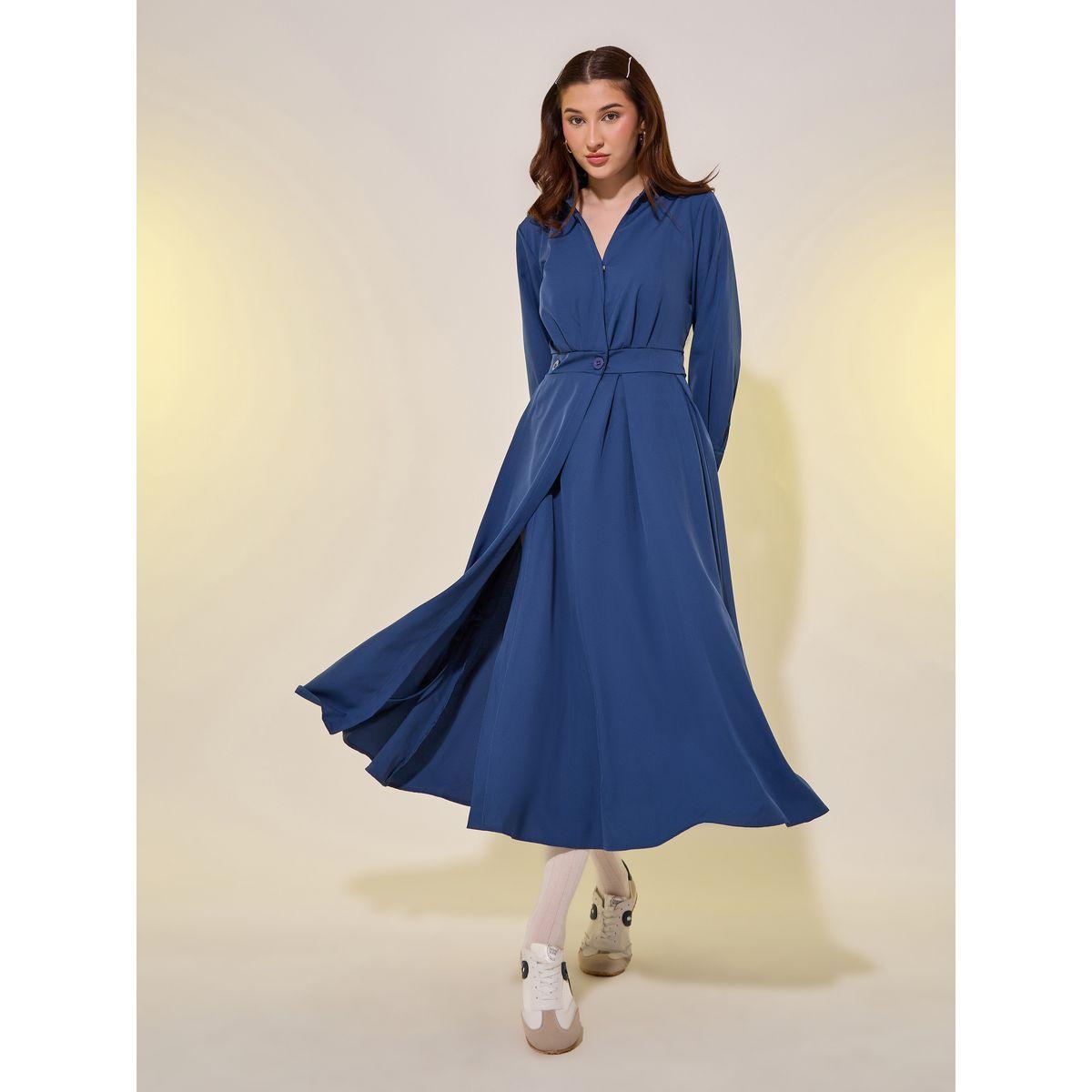 Styli Solid Long Sleeve Wrap Look A-Line Midi Dress-women-clothing-dresses-image-1