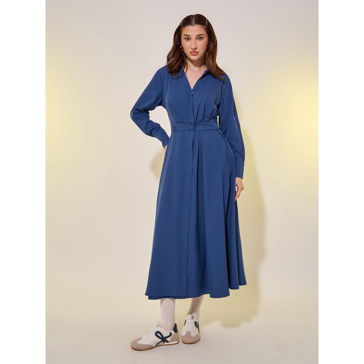 Styli Solid Long Sleeve Wrap Look A-Line Midi Dress-women-clothing-dresses-image-2