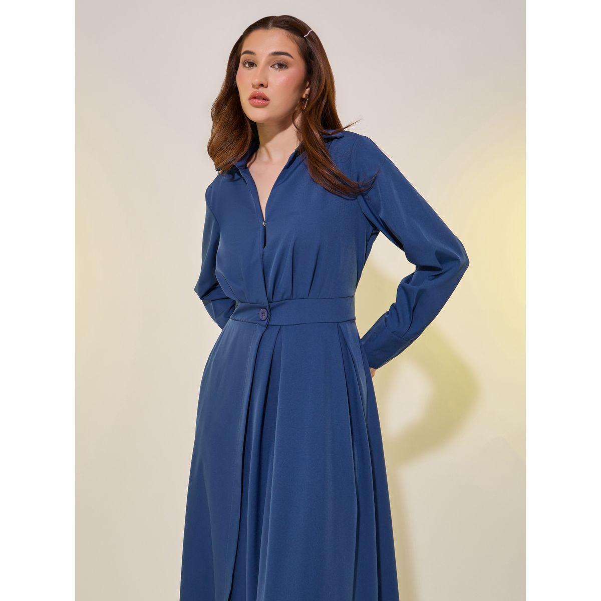 Styli Solid Long Sleeve Wrap Look A-Line Midi Dress-women-clothing-dresses-image-3