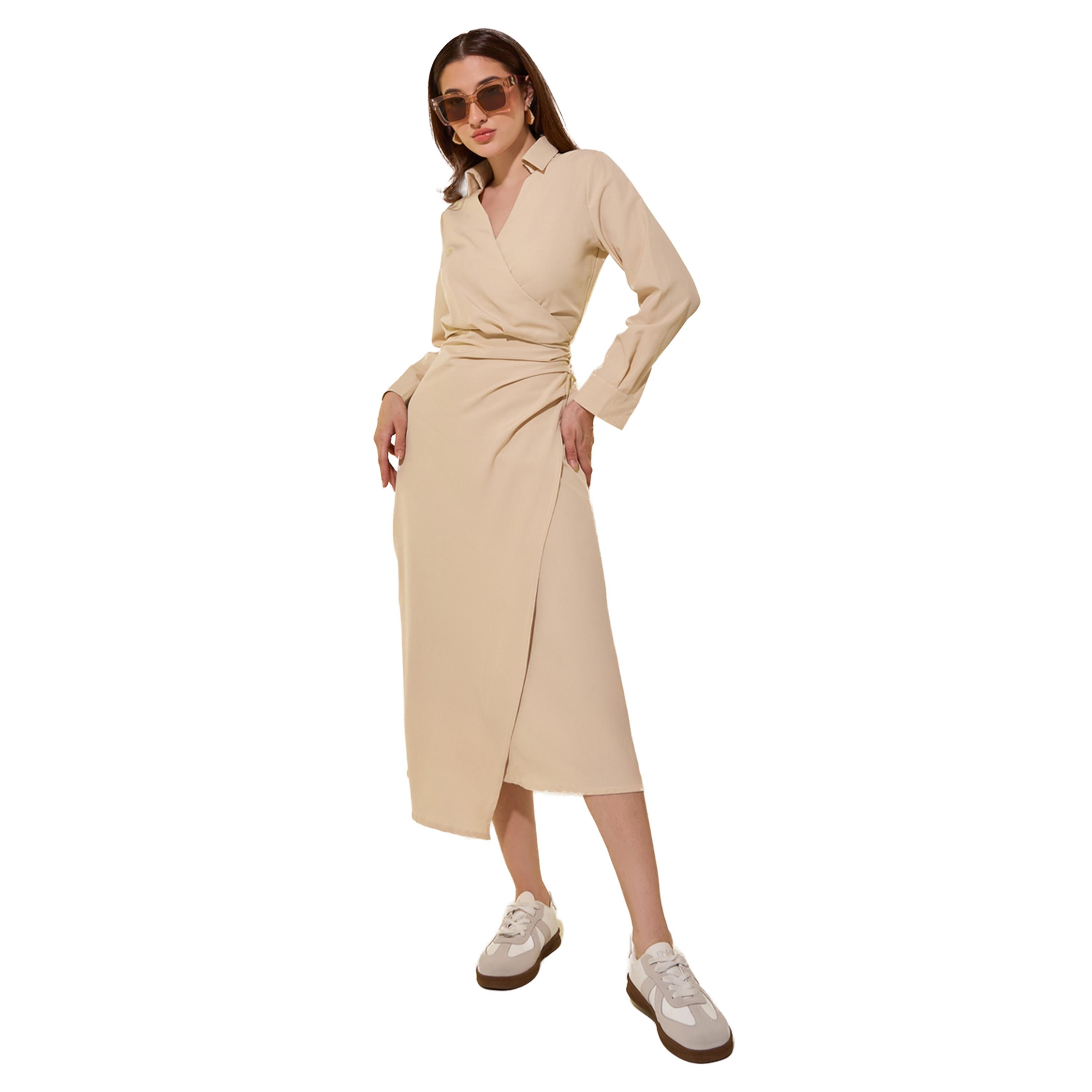 فستان ميدي سادة بنمط لف وأكمام طويلة-women-clothing-dresses-image-1