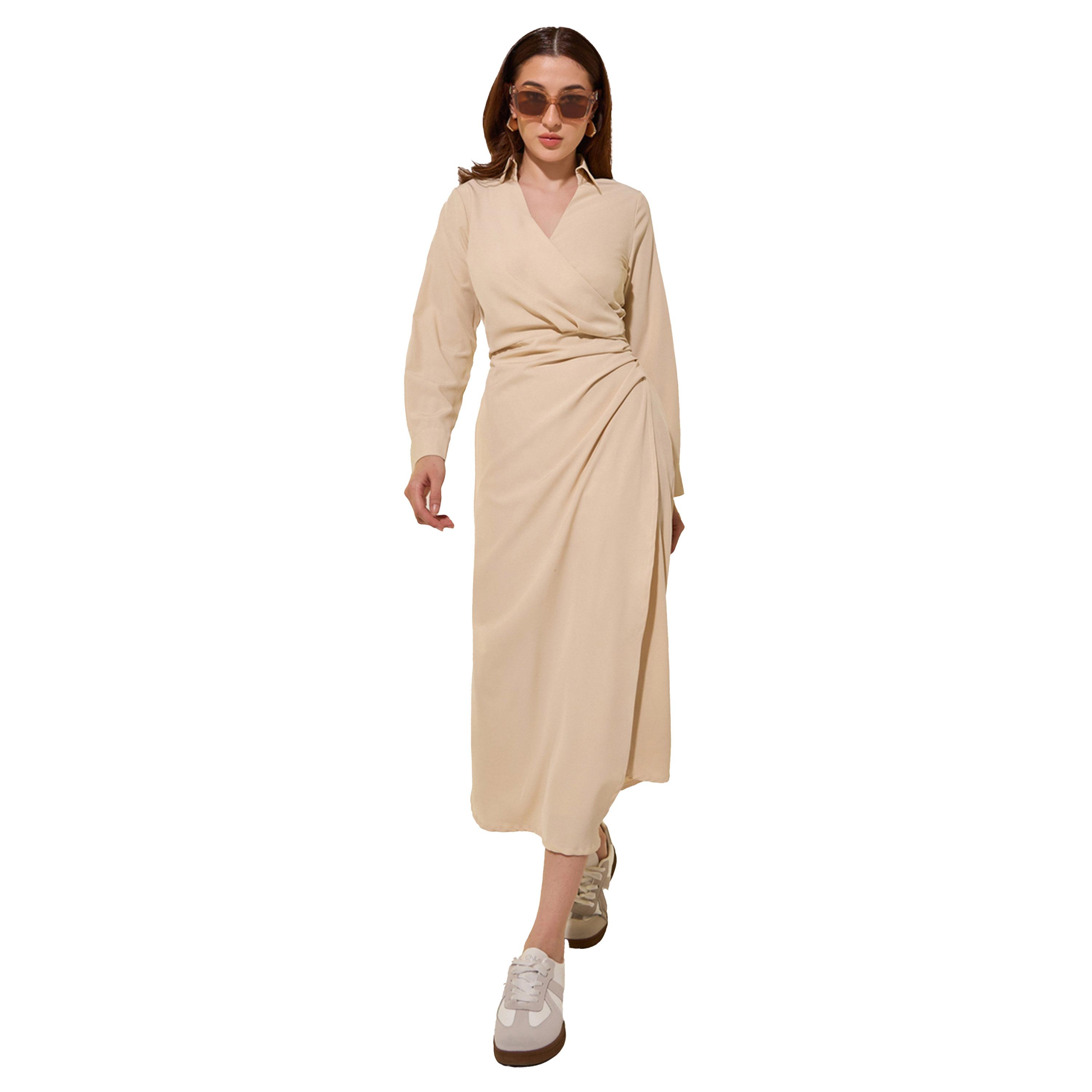 فستان ميدي سادة بنمط لف وأكمام طويلة-women-clothing-dresses-image-2