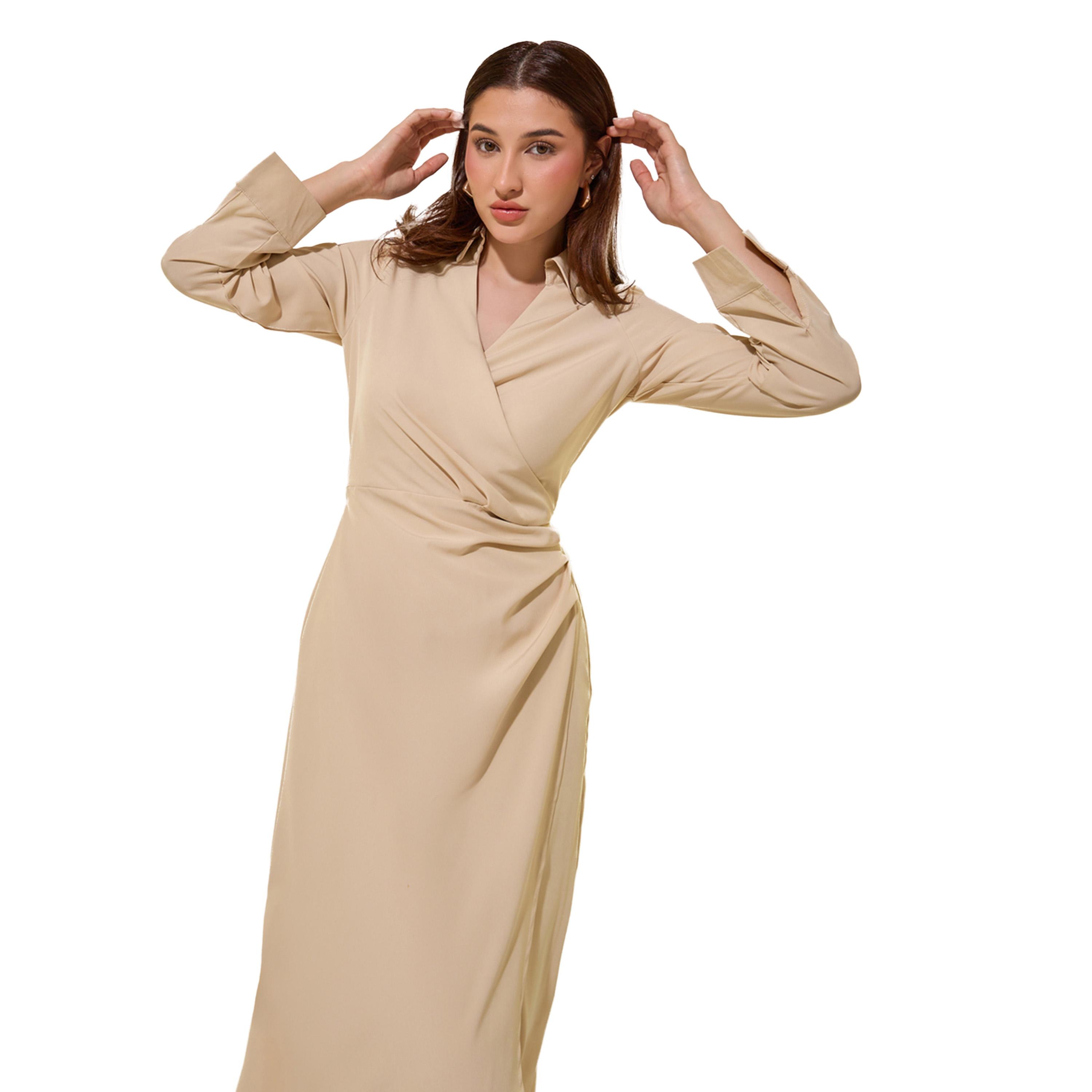 Take Two Beige Plain Long Sleeve Wrap Look A-Line Midi Dress-women-clothing-dresses-image-3