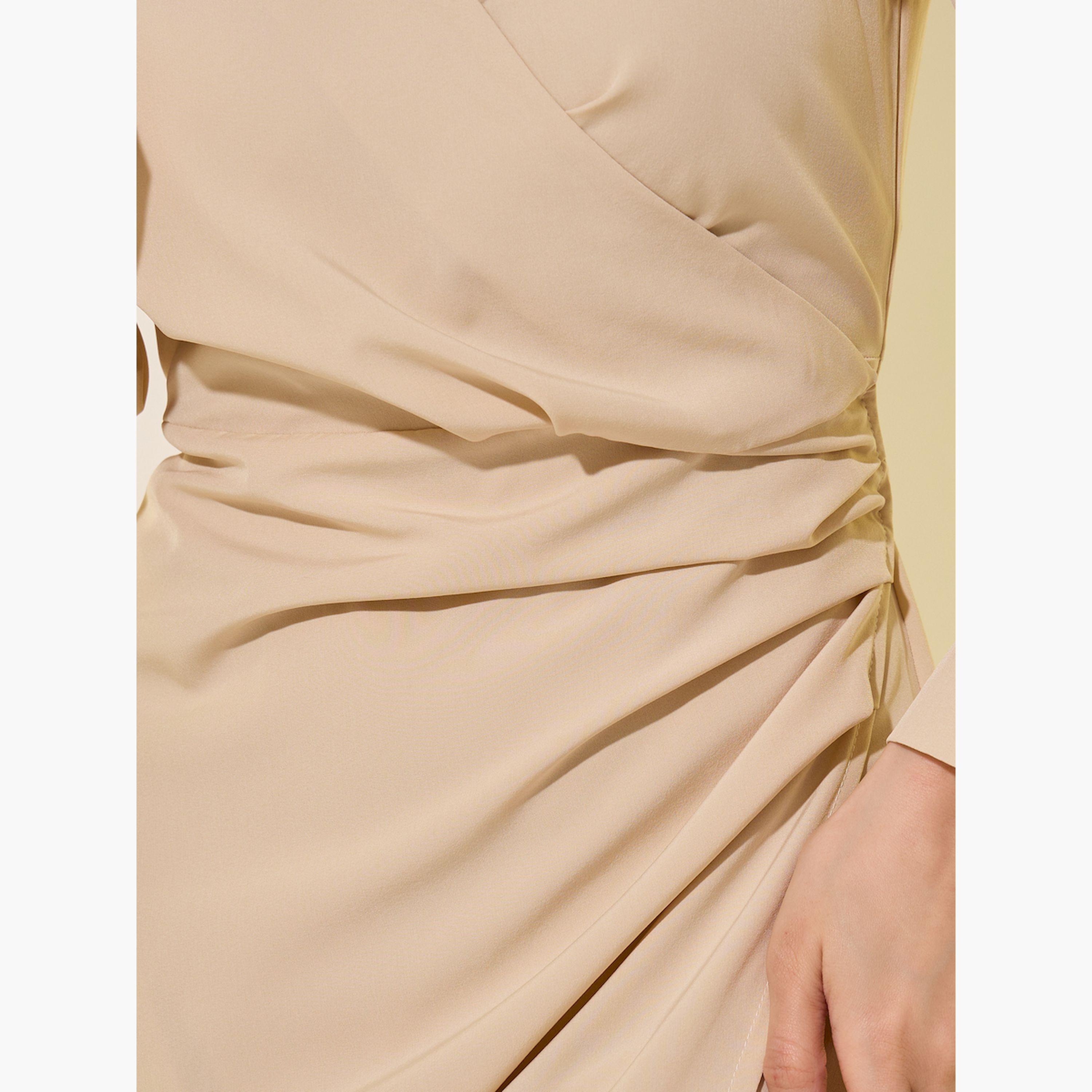 فستان ميدي سادة بنمط لف وأكمام طويلة-women-clothing-dresses-image-4