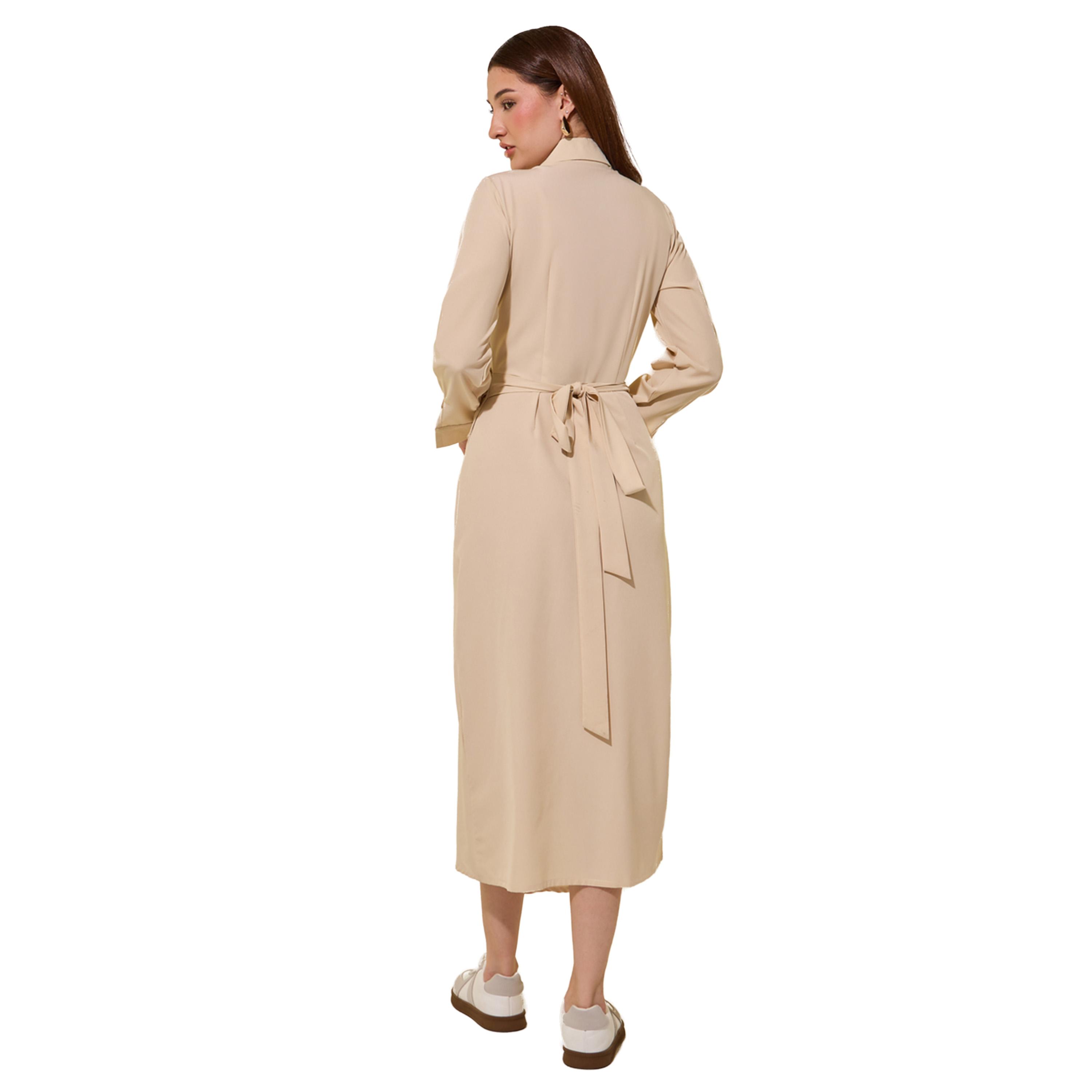Take Two Beige Plain Long Sleeve Wrap Look A-Line Midi Dress-women-clothing-dresses-image-5