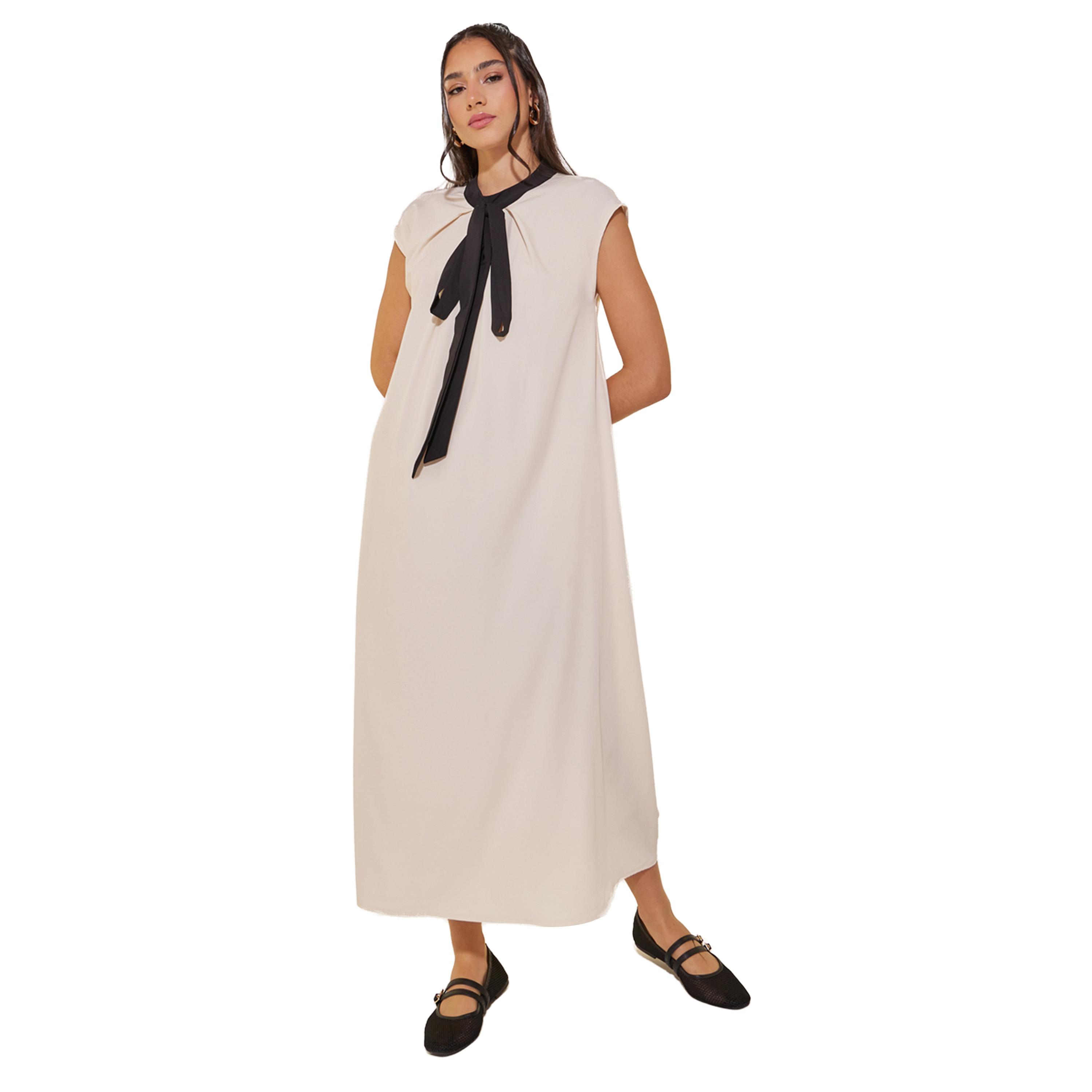 Take Two Solid Tie-Up Neck A-Line Midi Dress-women-clothing-dresses-image-1