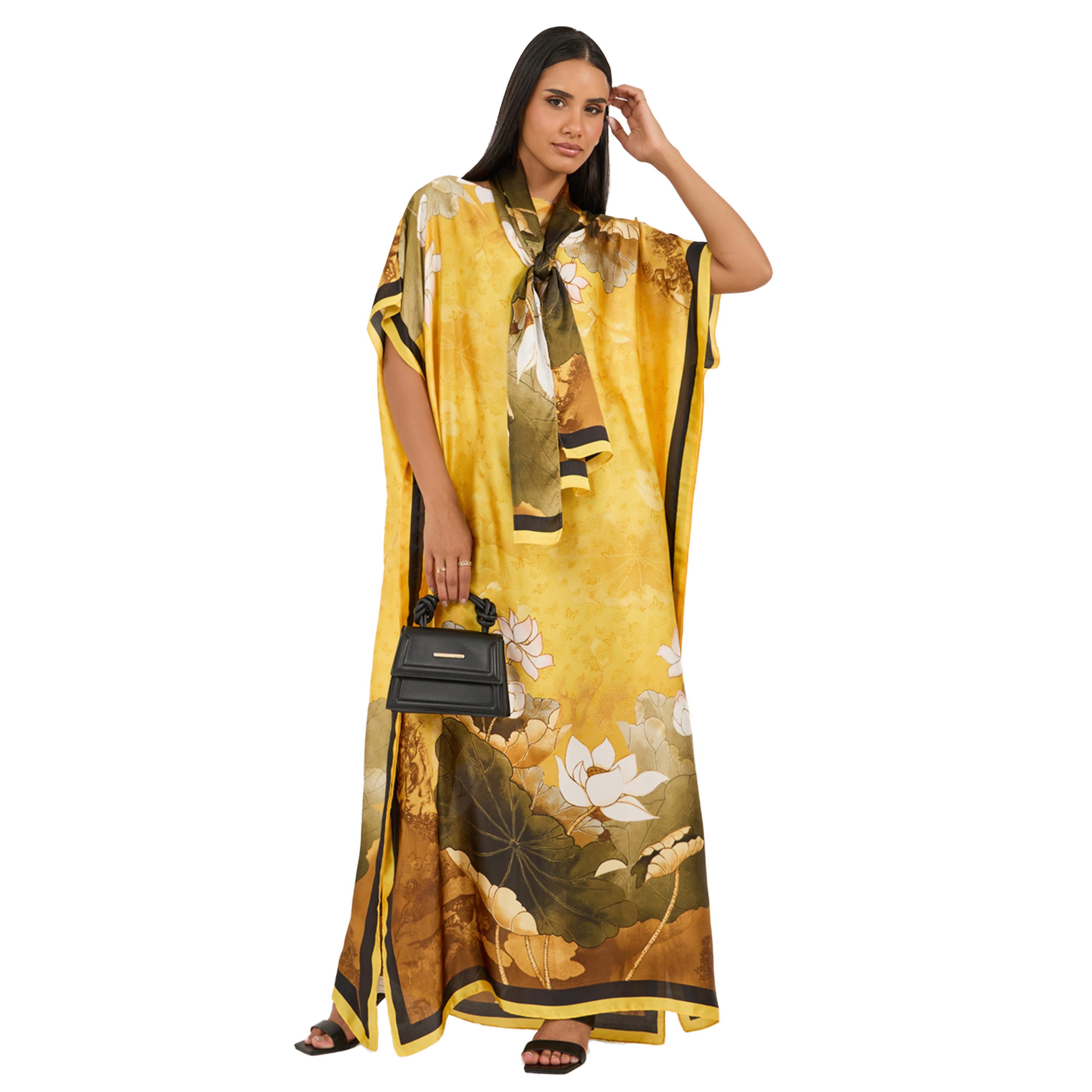 أميرة x ستايلي قفطان بطبعة زهور مع وشاح رأس-women-arabicclothing-kaftan-image-1