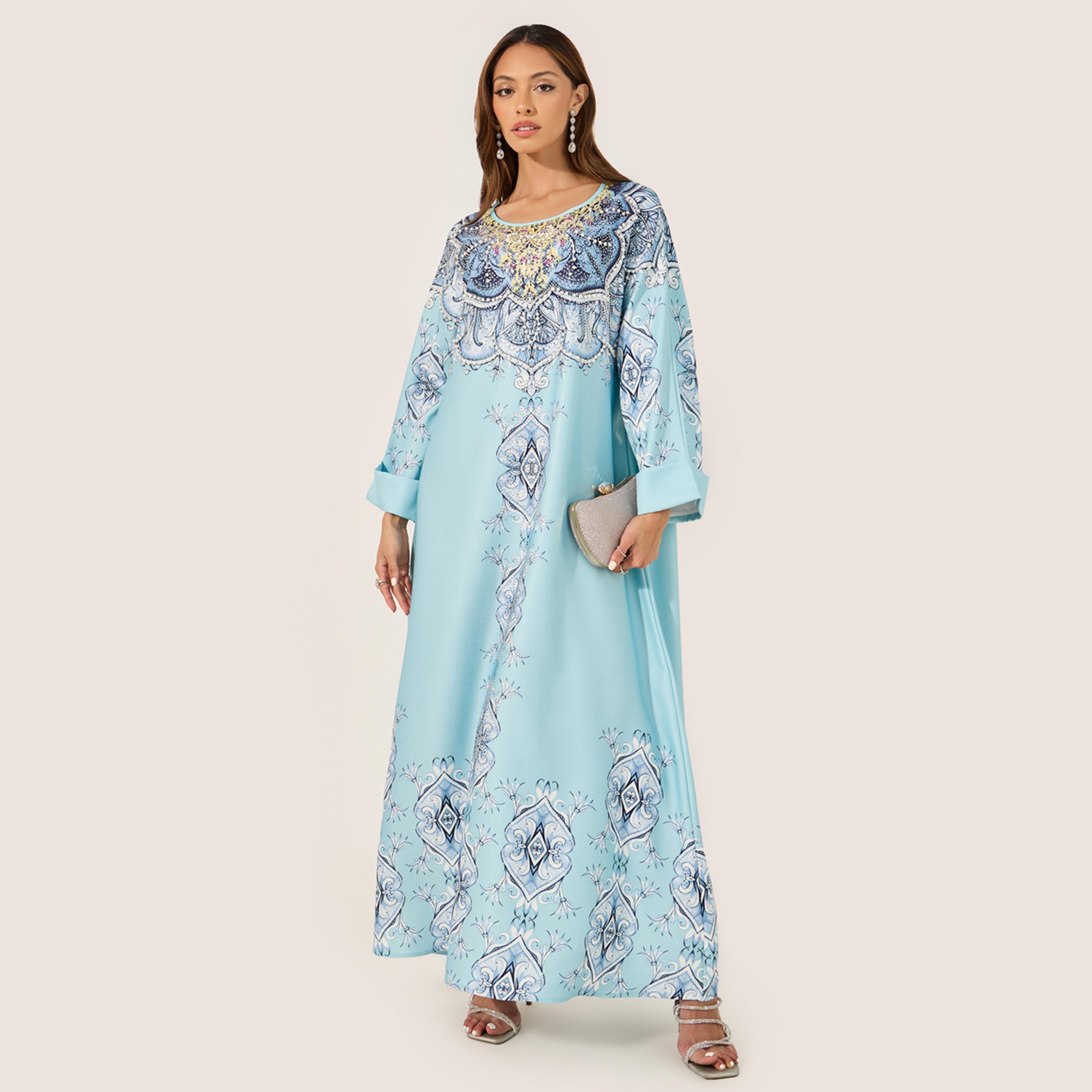 Styli Printed Jalabiya with Faux Pearl Embroidery-women-arabicclothing-jalabiyas-image-1