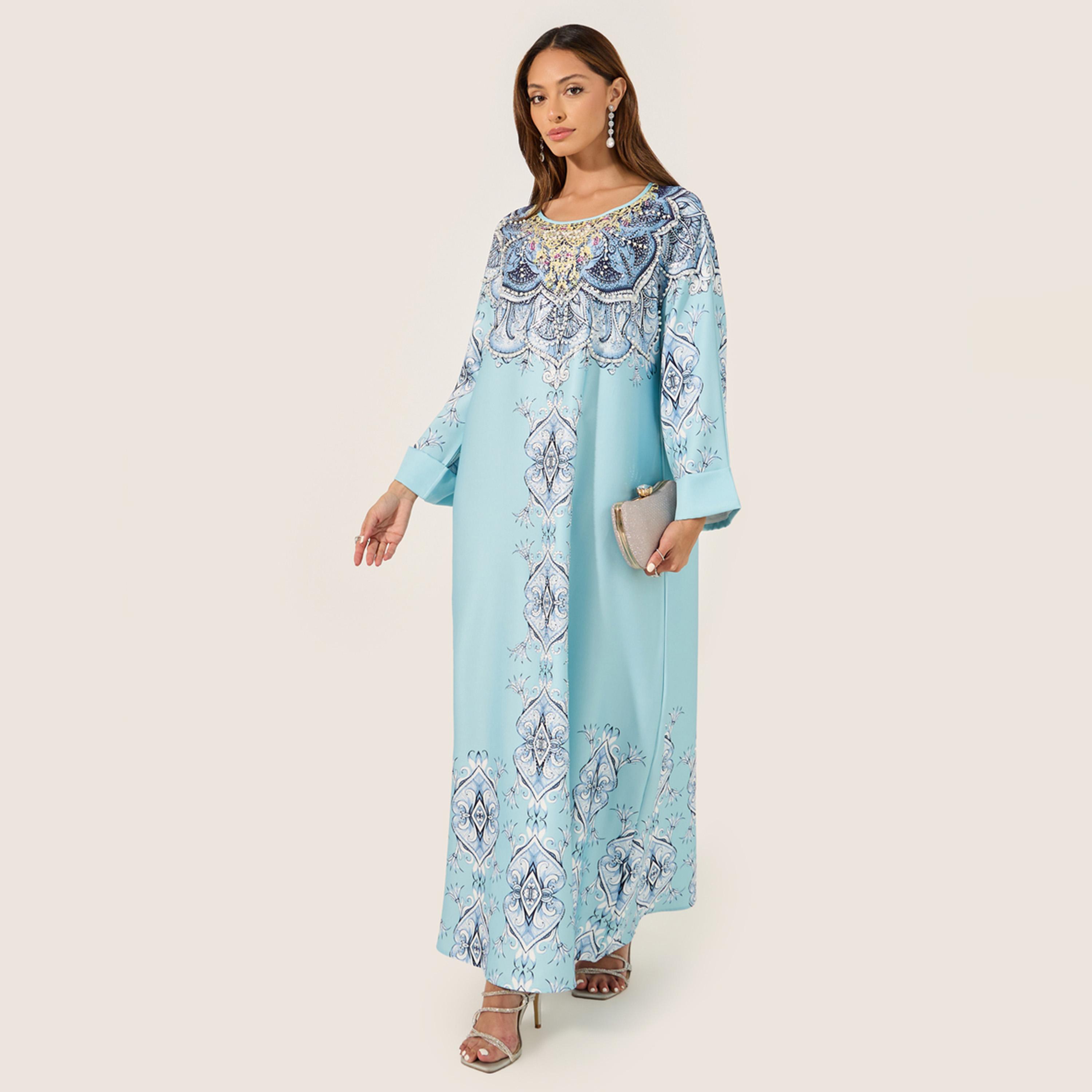 ستايلي - جلابية مطبوعة مع تطريز لؤلؤ صناعي-women-arabicclothing-jalabiyas-image-2