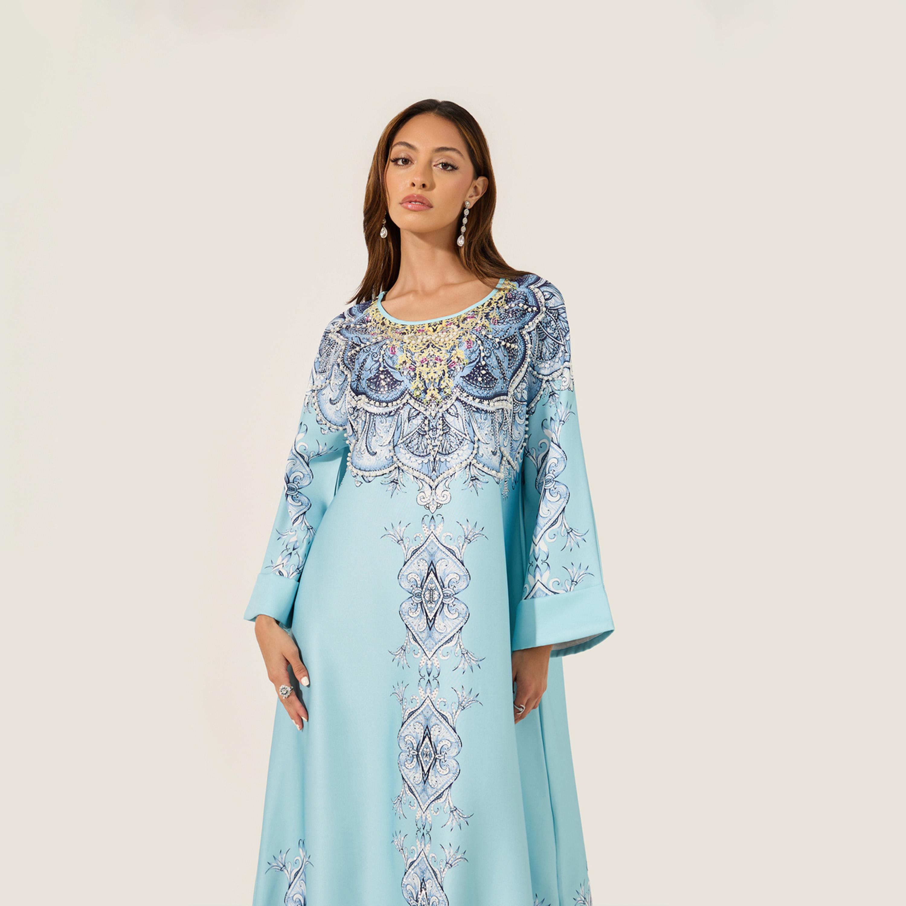 ستايلي - جلابية مطبوعة مع تطريز لؤلؤ صناعي-women-arabicclothing-jalabiyas-image-3