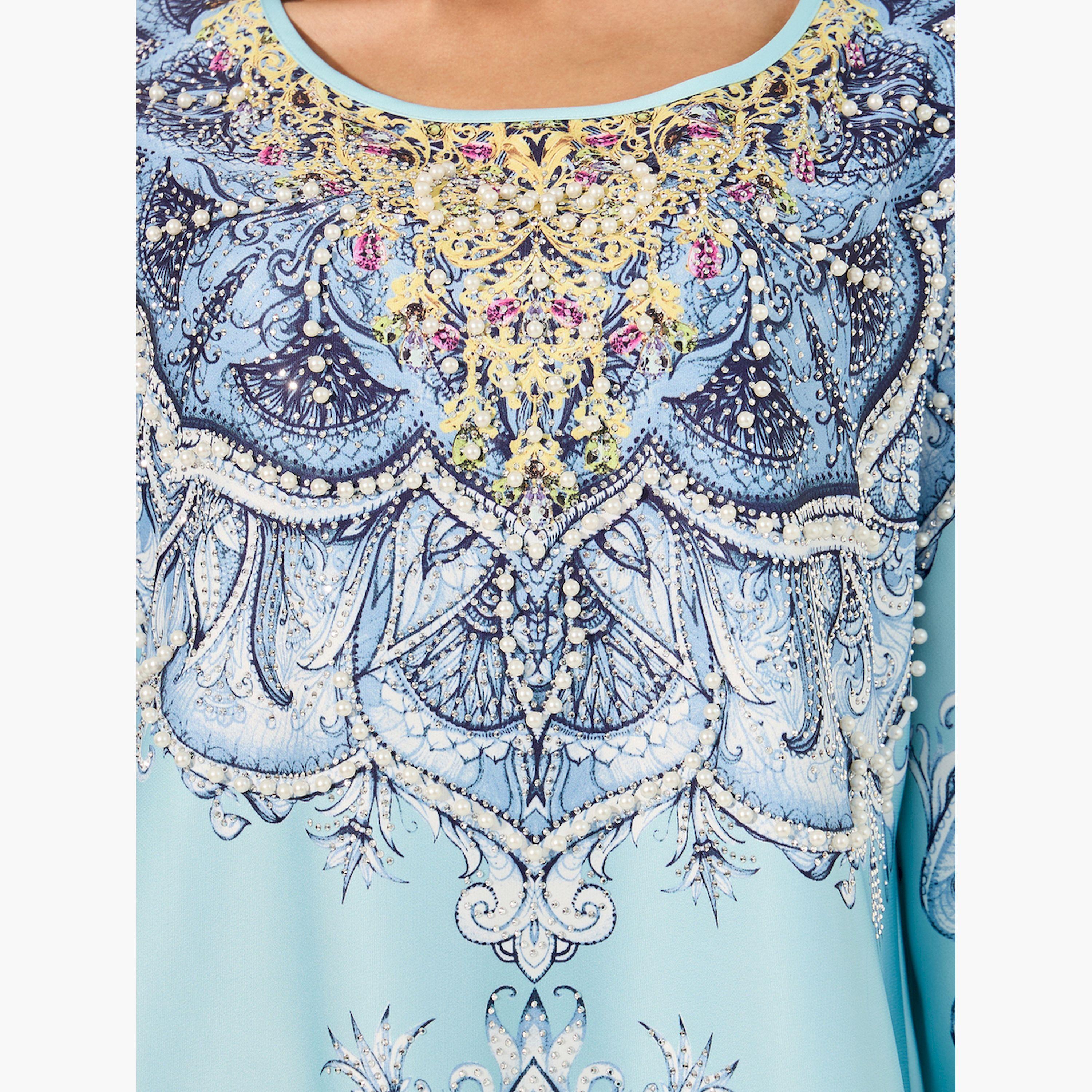 ستايلي - جلابية مطبوعة مع تطريز لؤلؤ صناعي-women-arabicclothing-jalabiyas-image-4