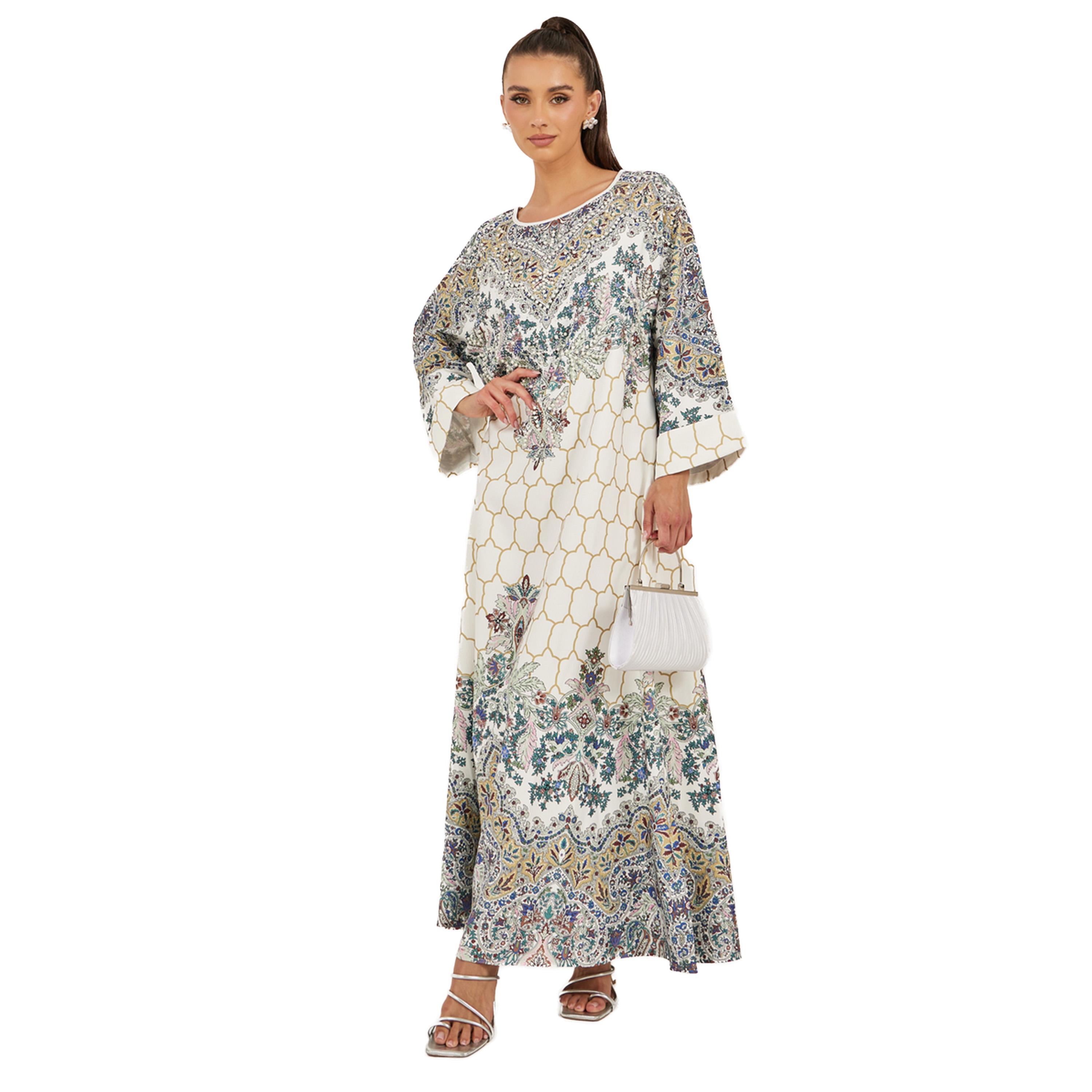 Amirah X Styli Placement Print Embellished A-Line Jalabiya-women-arabicclothing-jalabiyas-image-1
