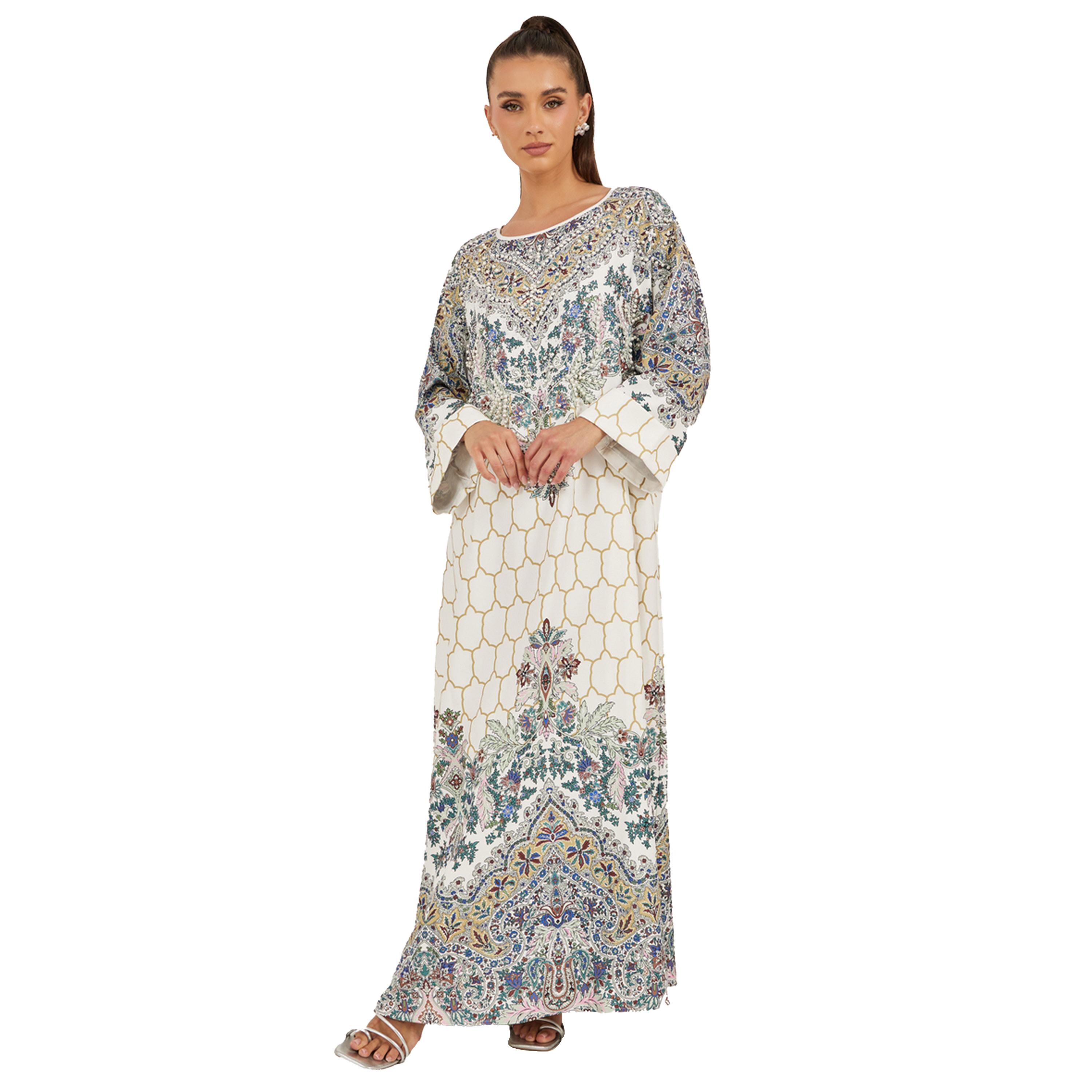 Amirah X Styli Placement Print Embellished A-Line Jalabiya-women-arabicclothing-jalabiyas-image-2