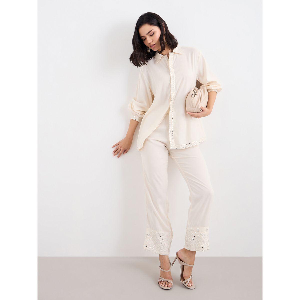Styli Women Off White Mirror-Work Longline Shirt and Pants Co-Ords-women-clothing-coordsets-image-1