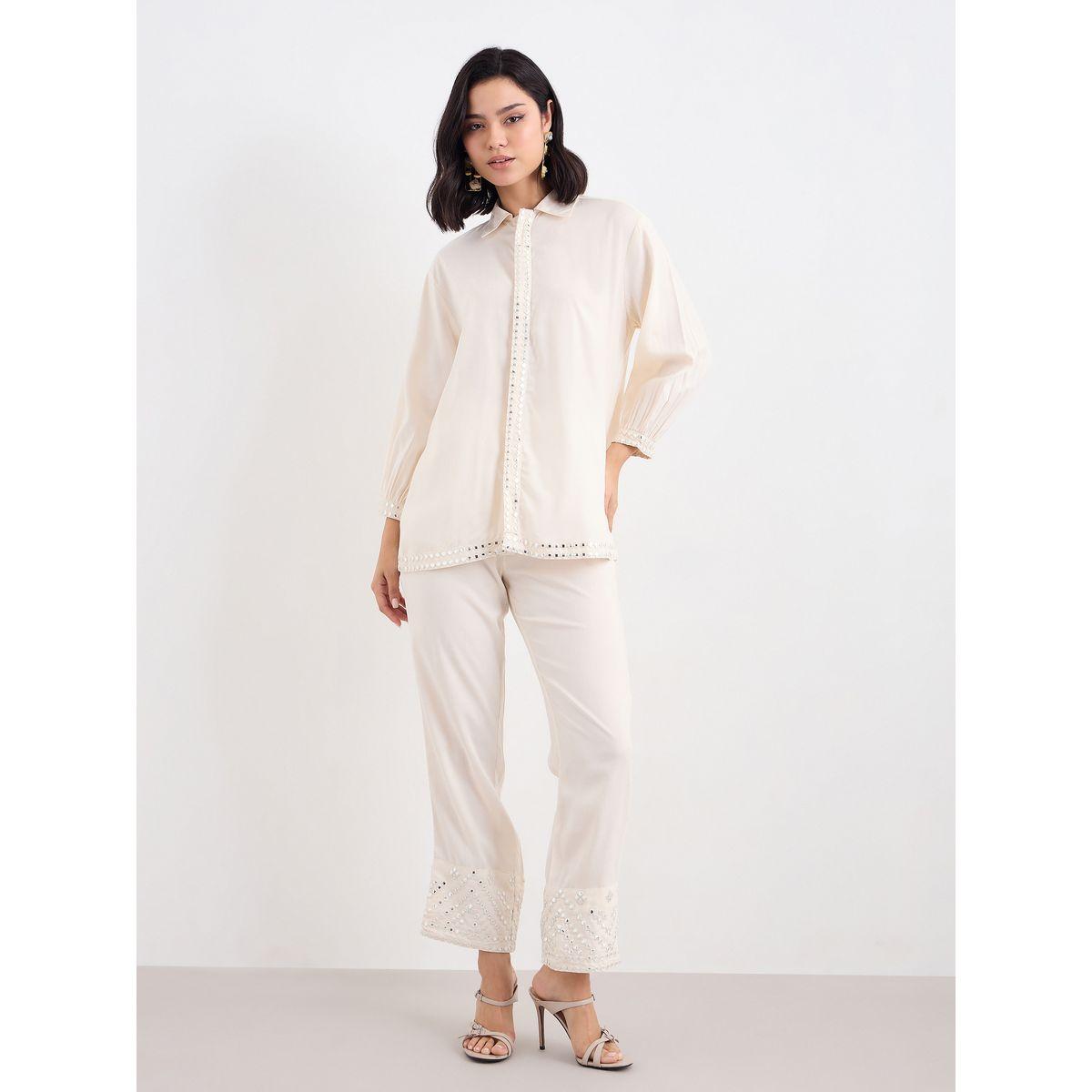 Styli Women Off White Mirror-Work Longline Shirt and Pants Co-Ords-women-clothing-coordsets-image-2