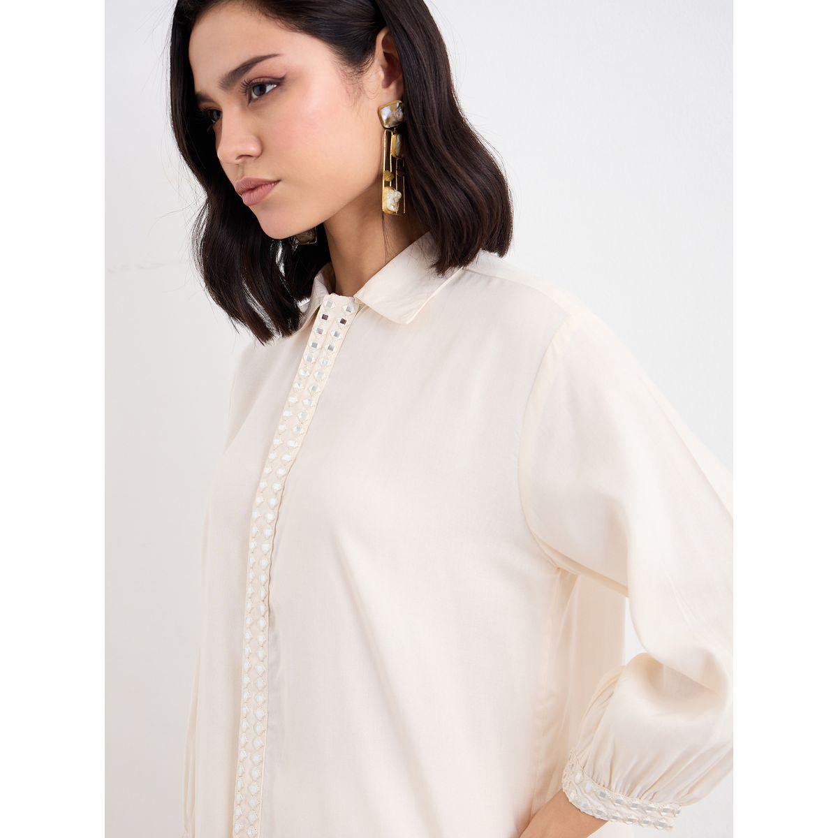 Styli Women Off White Mirror-Work Longline Shirt and Pants Co-Ords-women-clothing-coordsets-image-3