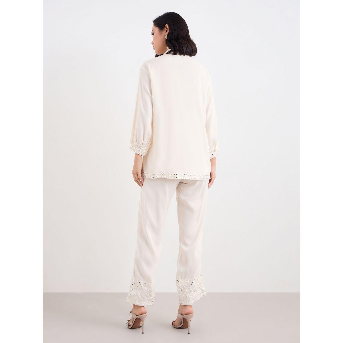 Styli Women Off White Mirror-Work Longline Shirt and Pants Co-Ords-women-clothing-coordsets-image-4