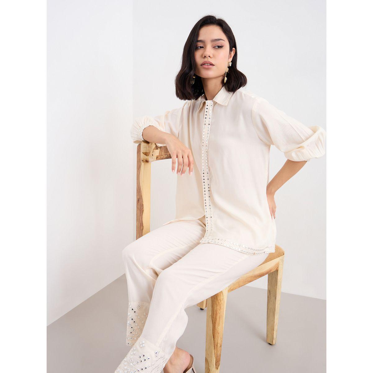 Styli Women Off White Mirror-Work Longline Shirt and Pants Co-Ords-women-clothing-coordsets-image-5