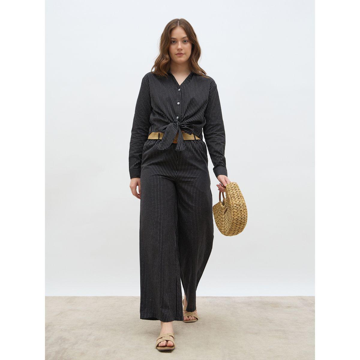 Styli Front Knot Striped Shirt and Pants Co-Ords-women-clothing-coordsets-image-1