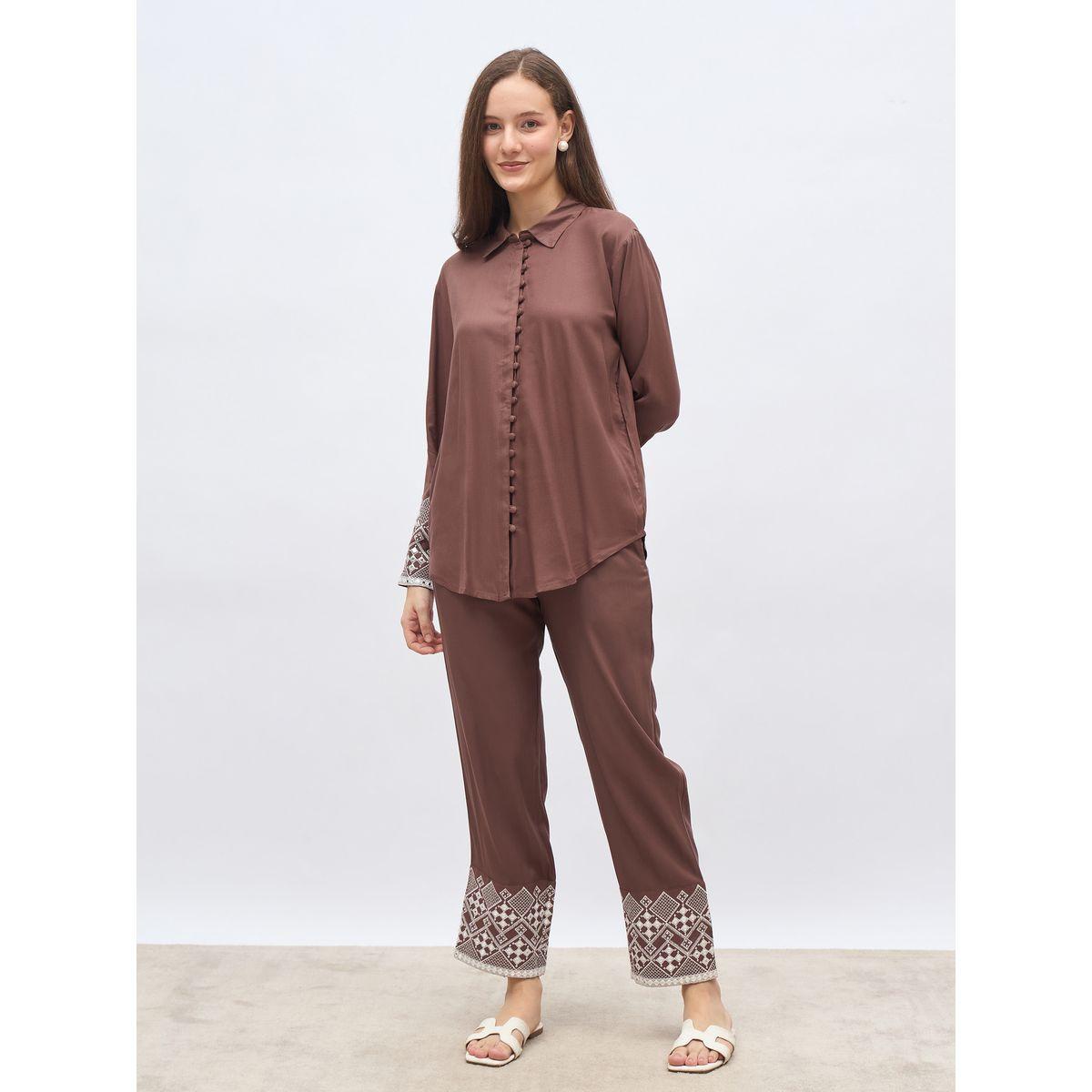 Styli Brown Embroidered Shirt and Straight Fit Pants Co-Ords-women-clothing-coordsets-image-2